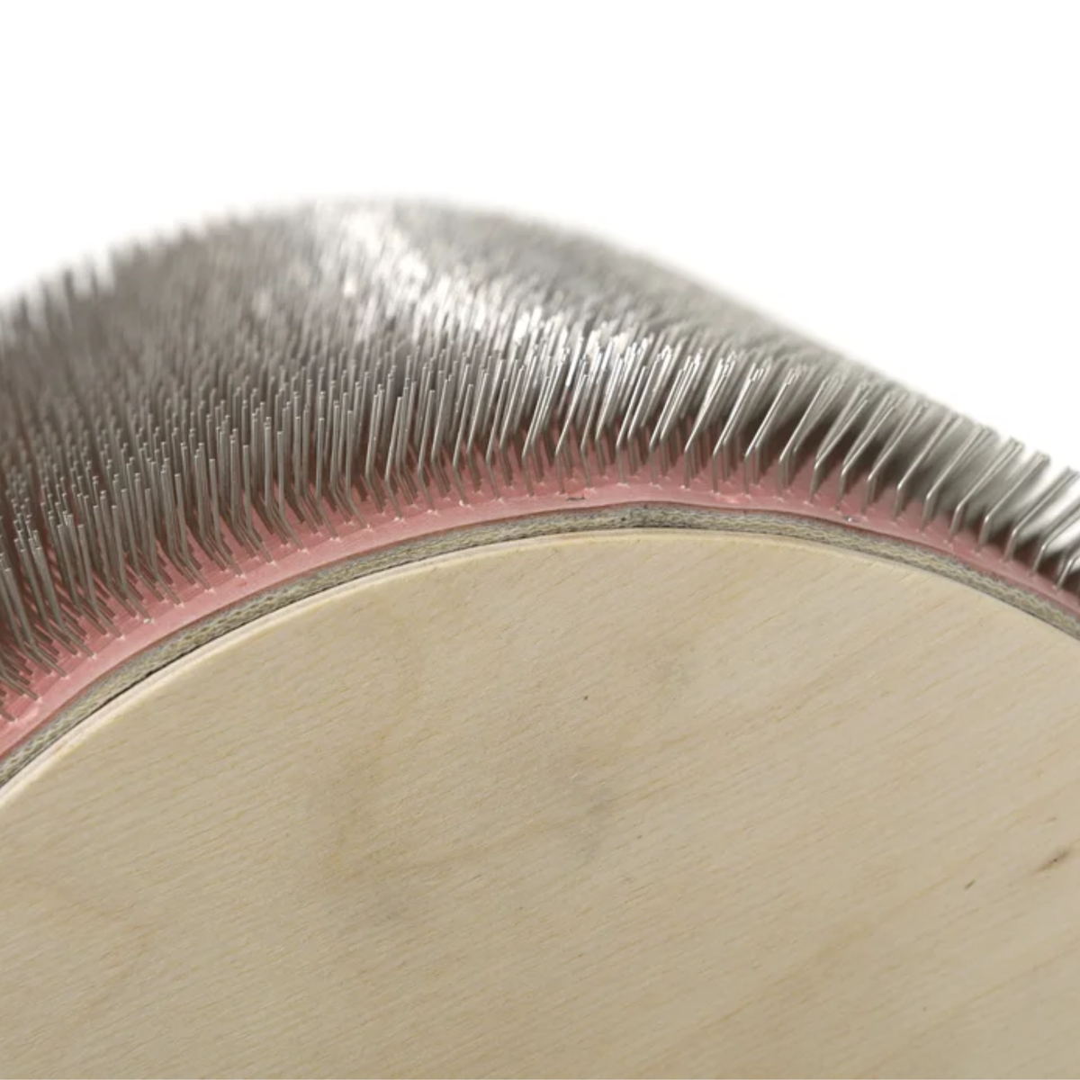 Macro detail of the Golden Fleece 120 TPI main drum showing the dense fine carding teeth and wooden drum end.