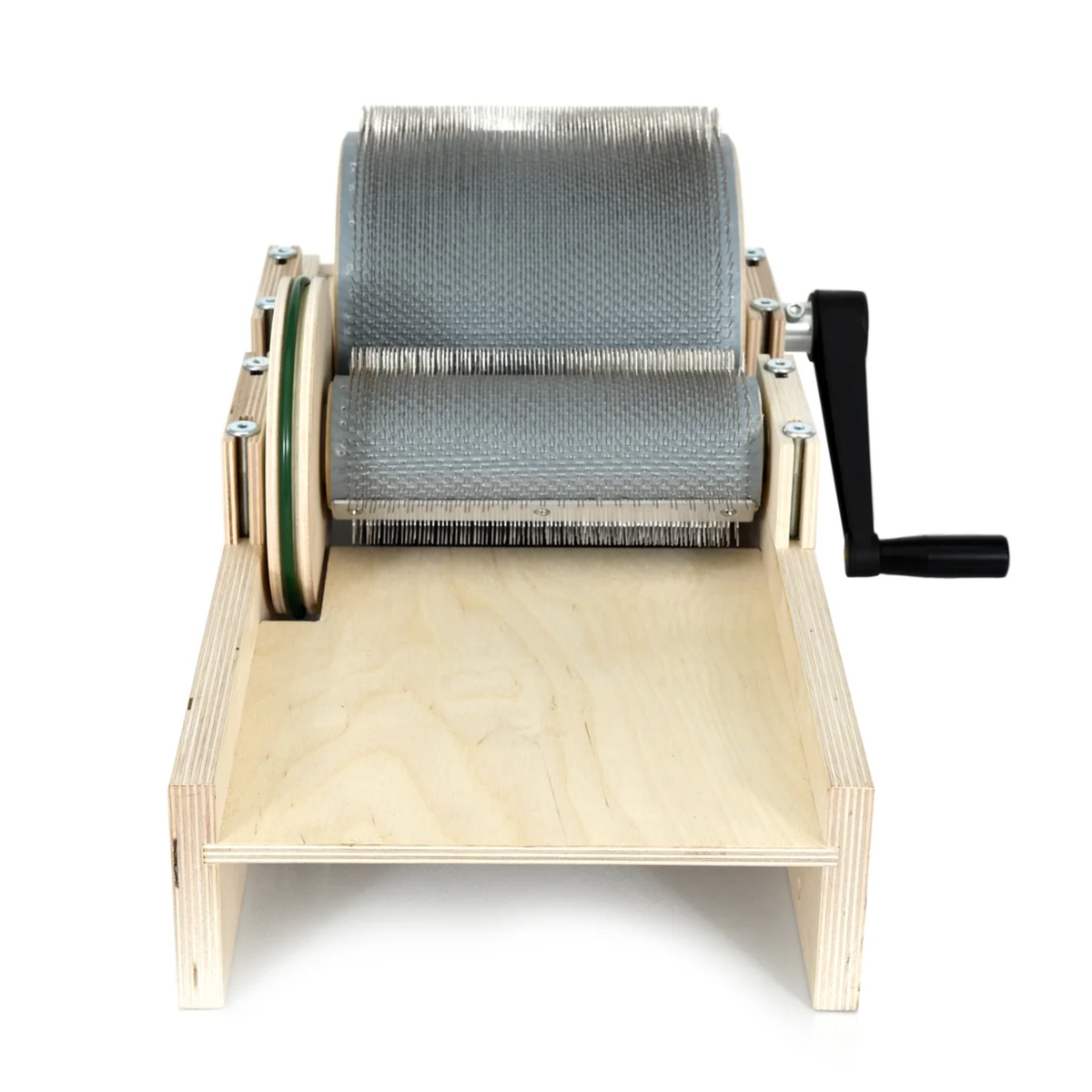 Golden Fleece standard drum carder viewed from the feed tray toward the licker-in and main drum.