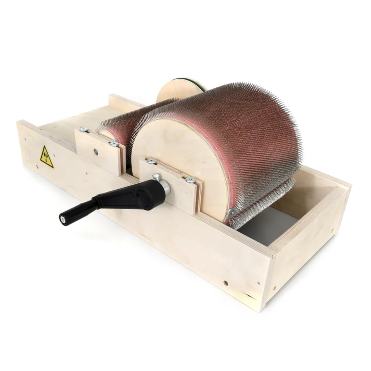 Angled view of the Golden Fleece standard 120 TPI drum carder with birch plywood frame and hand crank.