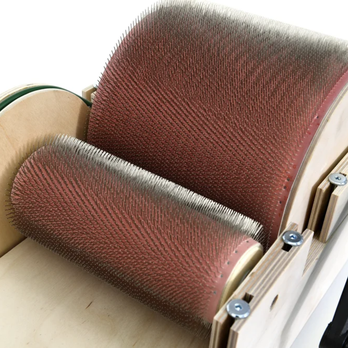 Golden Fleece standard drum carder 120 TPI showing the fine carding cloth on the main drum and licker-in.