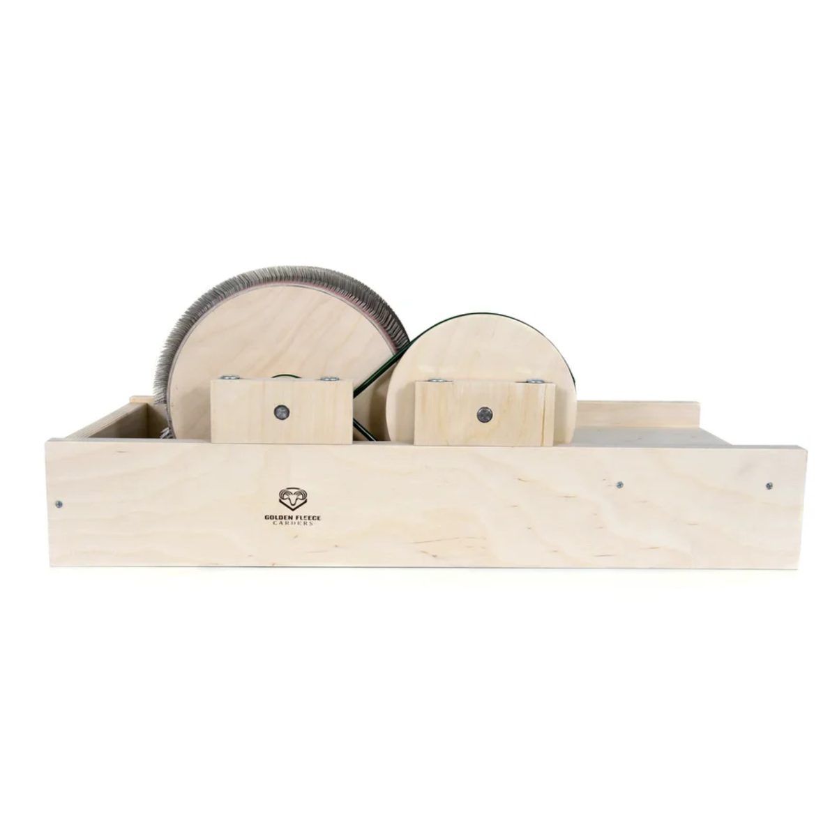 Front view of the Golden Fleece standard 120 TPI drum carder showing the main drum, licker-in, and frame.