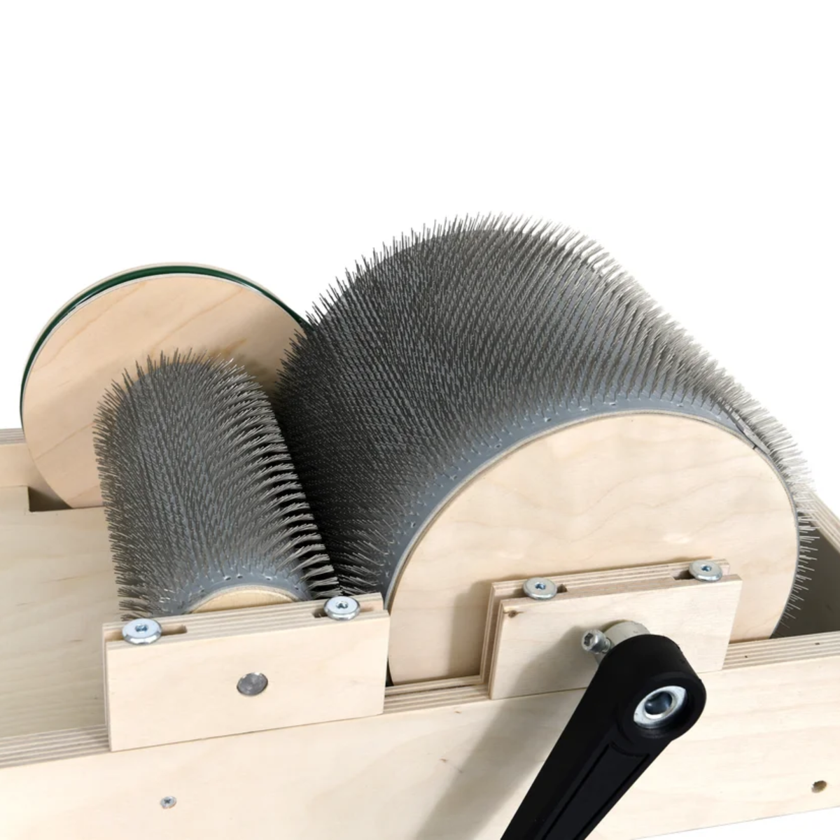 Golden Fleece standard drum carder showing the main drum, licker-in, hand crank, and carding cloth detail.