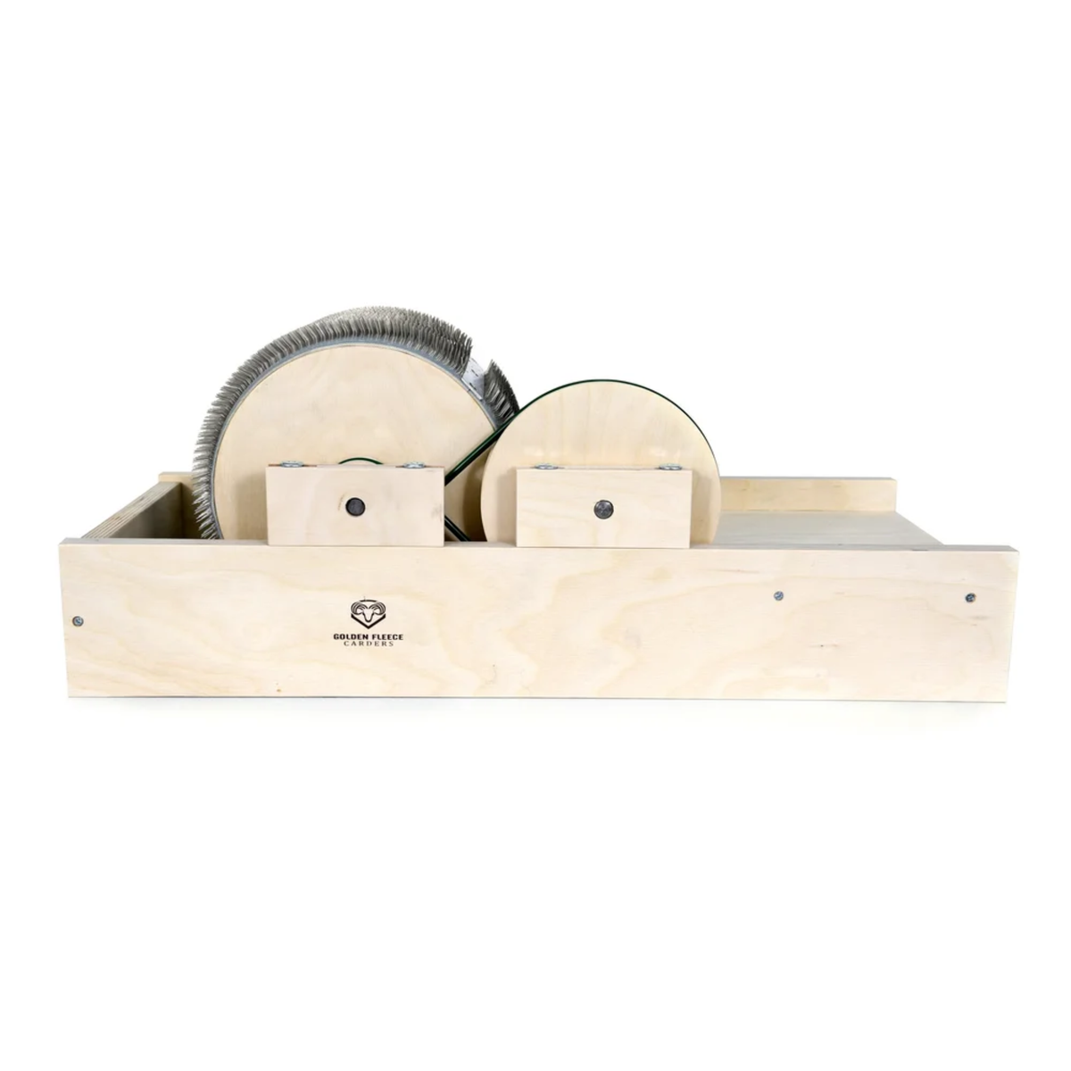 Front view of the Golden Fleece standard drum carder showing its birch plywood frame and carding drums.