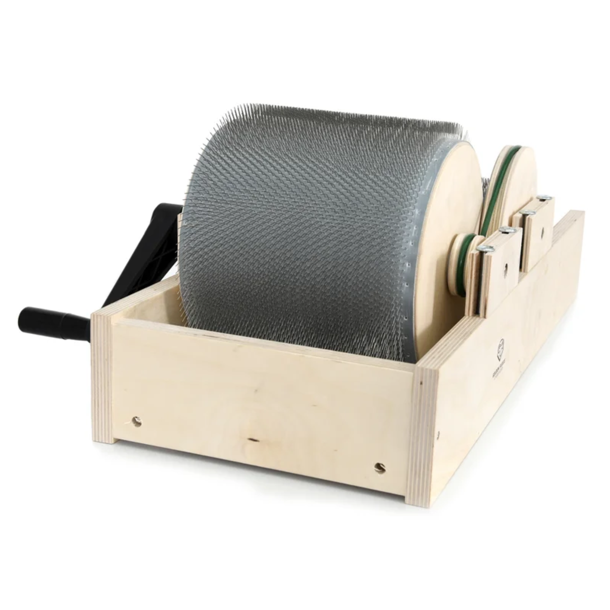 Rear angled view of the Golden Fleece standard drum carder showing the main drum, frame, and drive side.