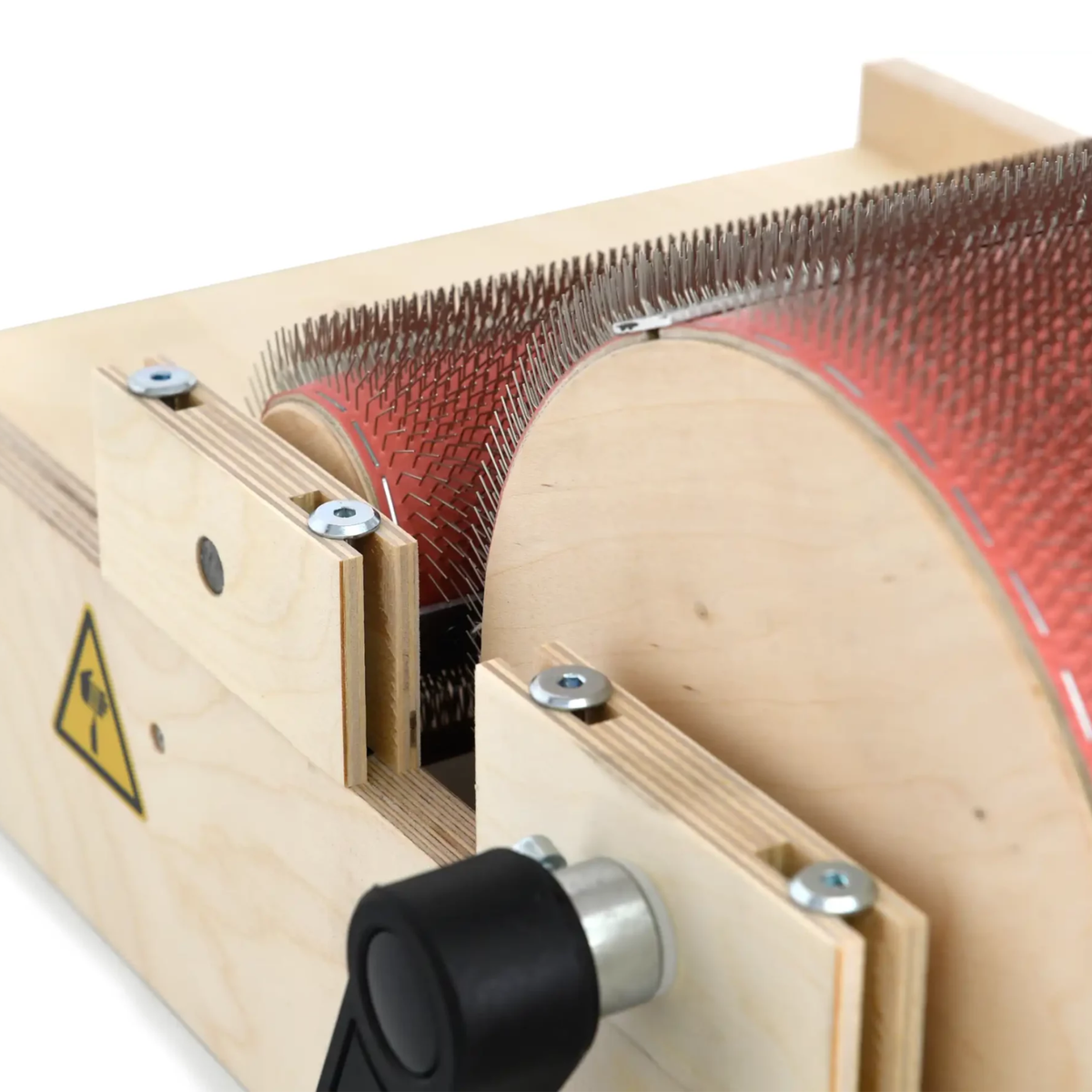 Drive-side detail of the Golden Fleece WIDE 120 TPI drum carder showing the main drum, licker-in, and crank assembly.