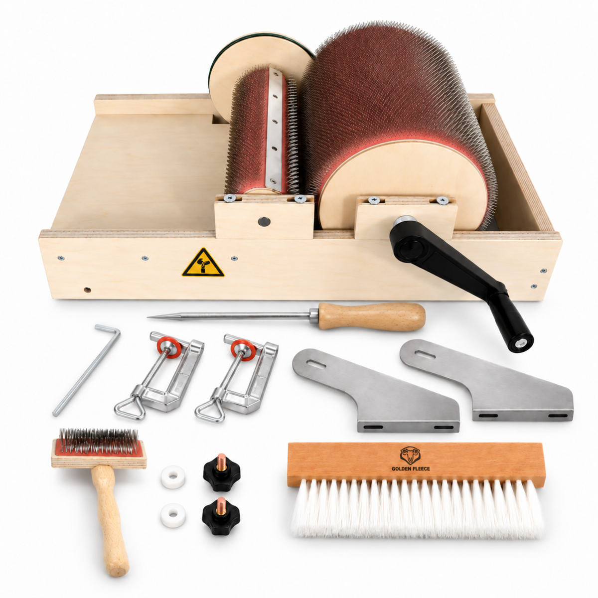 Golden Fleece WIDE 120 TPI drum carder with included Packer Brush, mounting hardware, clamps, doffer pin, cleaning brush, and Allen key.