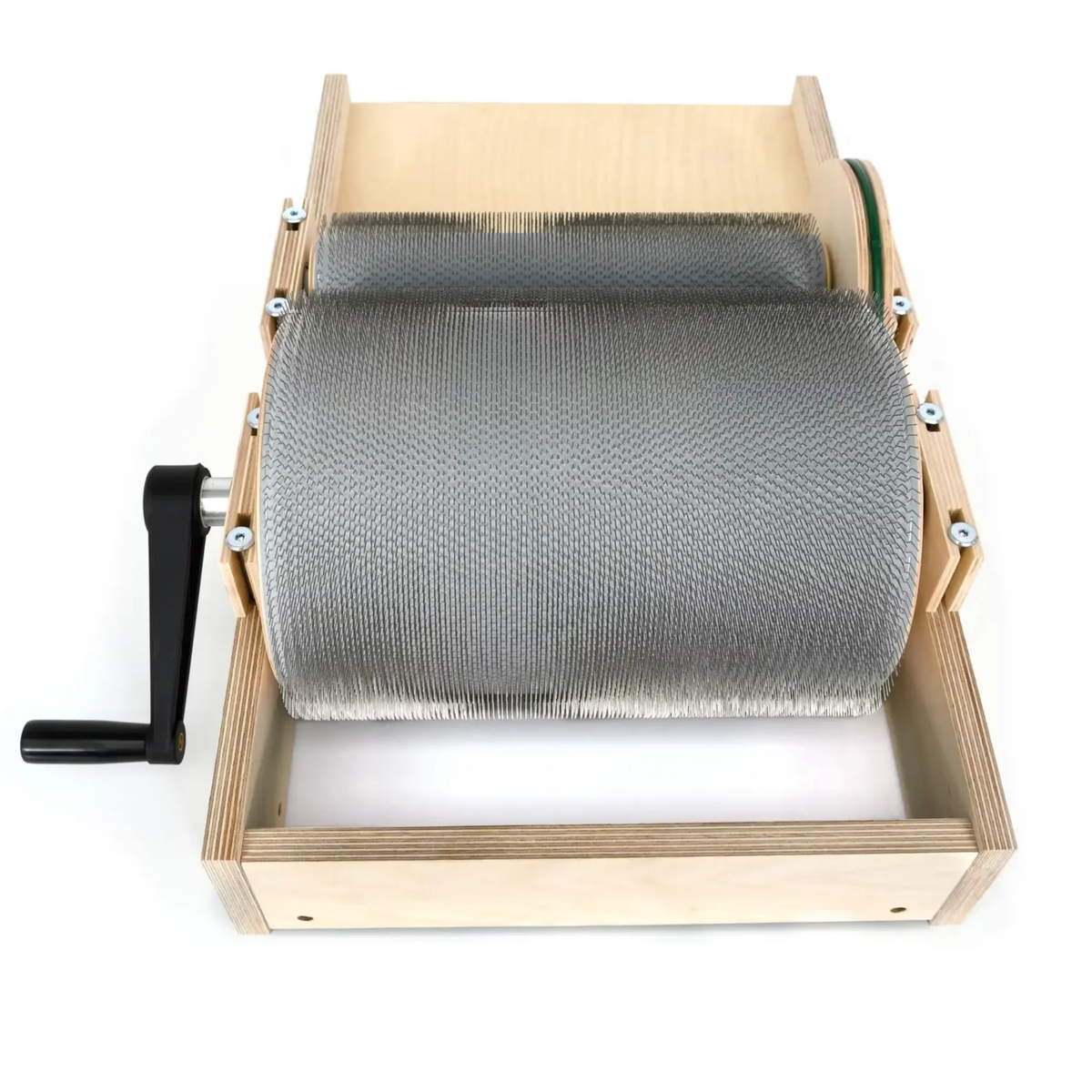 Golden Fleece WIDE 54 TPI drum carder viewed from the feed tray toward the licker-in and main drum.