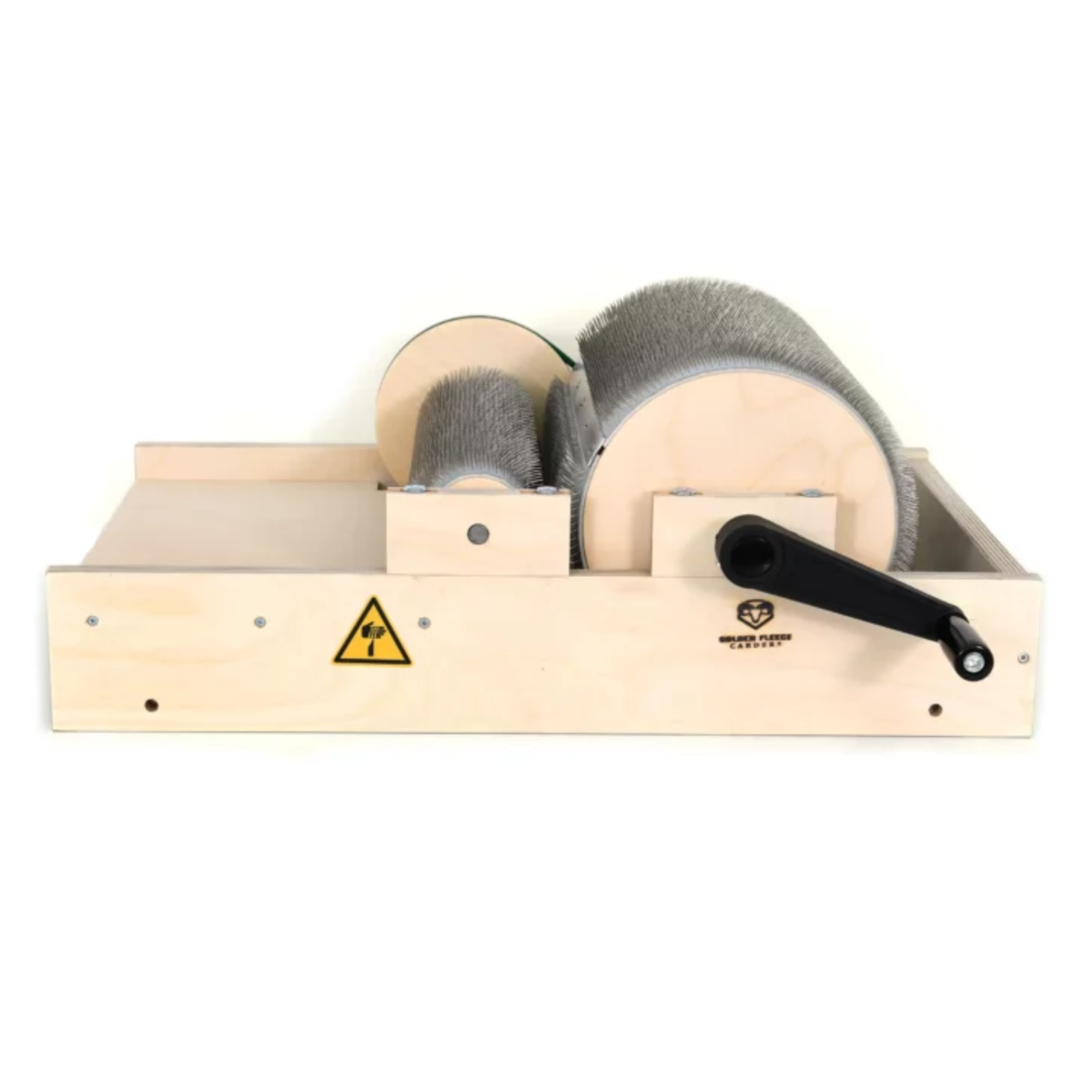 Front angled view of the Golden Fleece WIDE 54 TPI drum carder with coarse carding drums and hand crank.