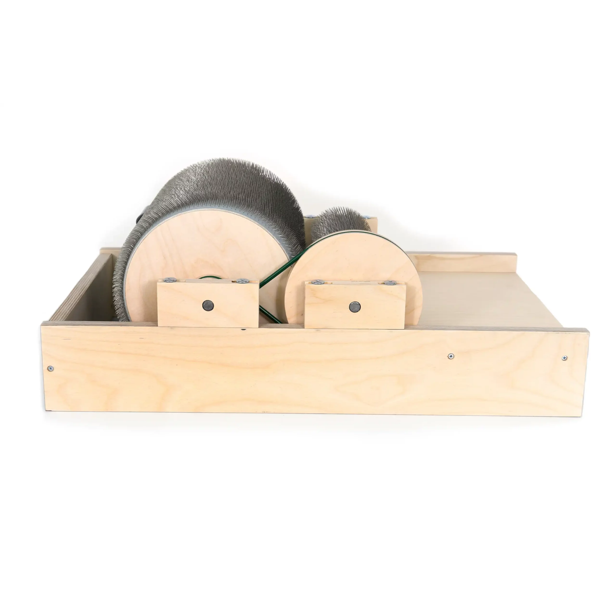 Rear view of the Golden Fleece WIDE 54 TPI drum carder showing the wooden drum ends and wide frame.