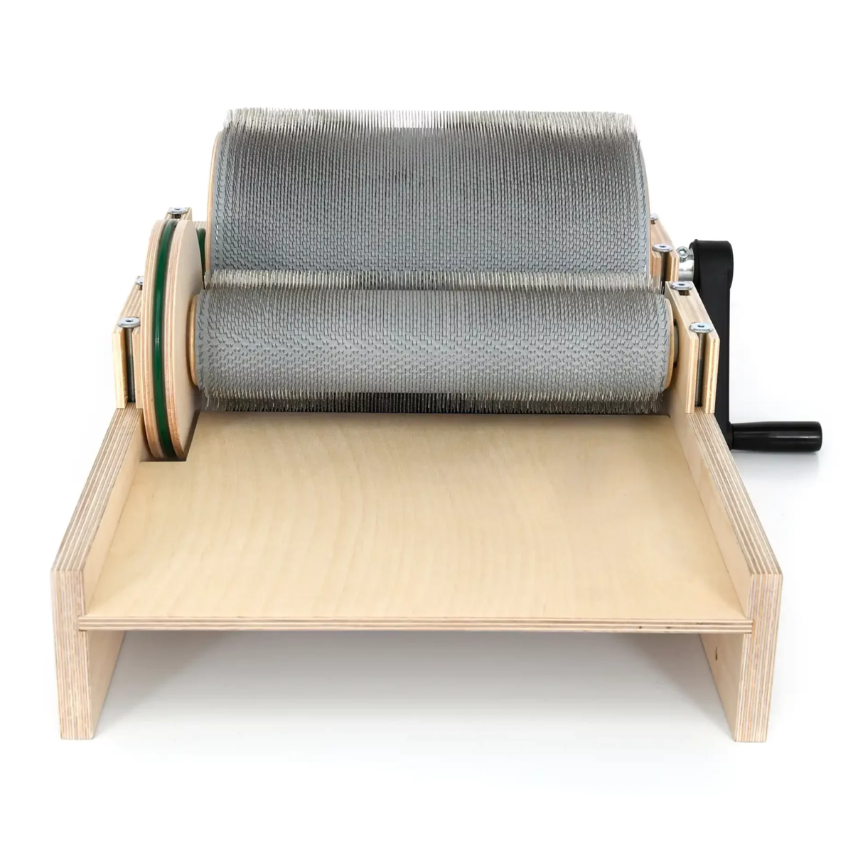 Golden Fleece WIDE 54 TPI drum carder with its broad feed tray and 12-inch carding width visible.