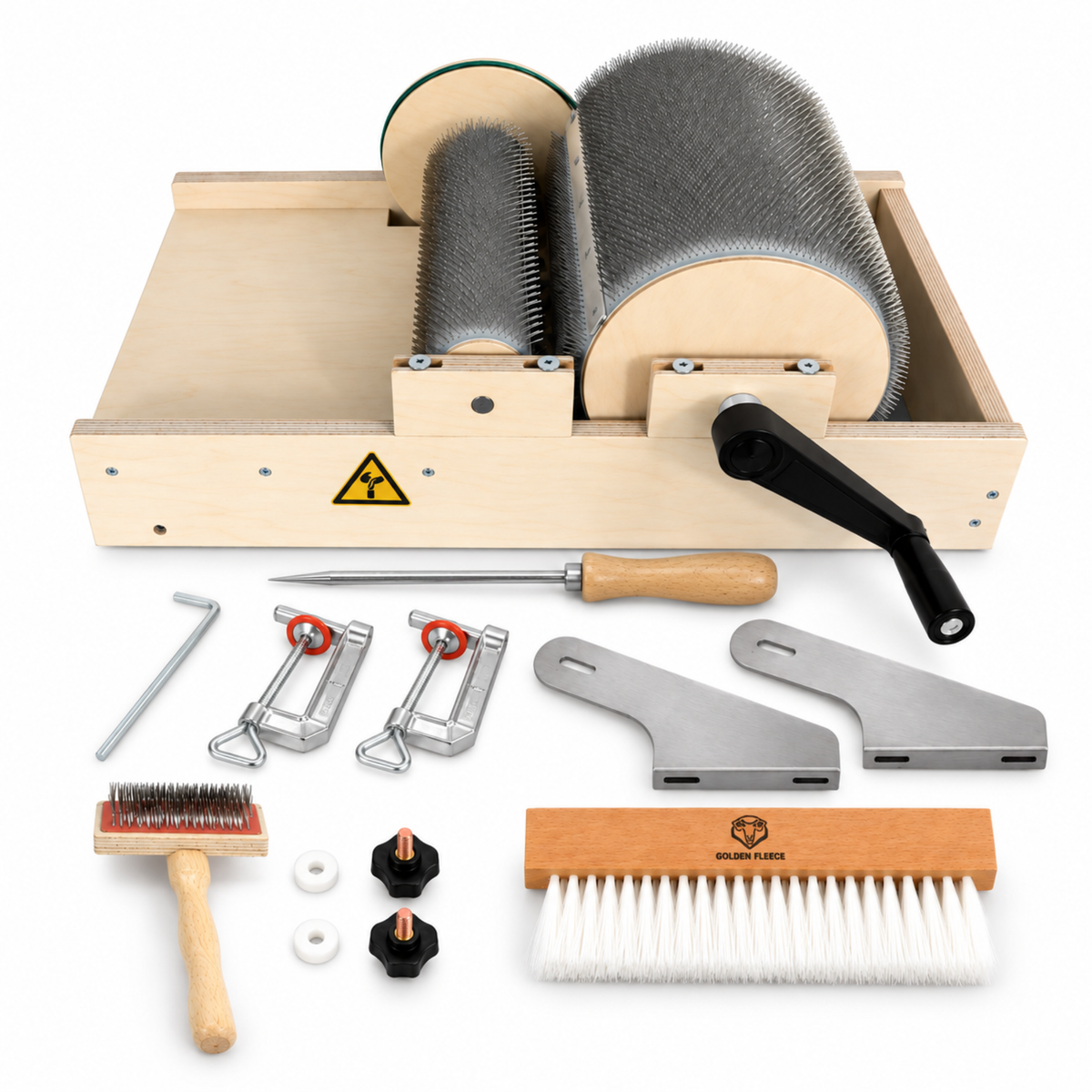 Golden Fleece WIDE 54 TPI drum carder with included Packer Brush, mounting hardware, clamps, doffer pin, cleaning brush, and Allen key.