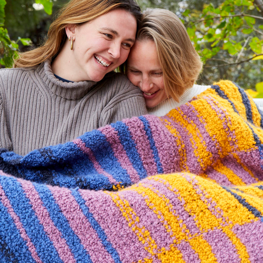 Accoloration Knit Blanket Kit – reversible blanket in Lanalpaca yarn with color blocks in Cobalt, Topaz, Sulphur, and Granite.