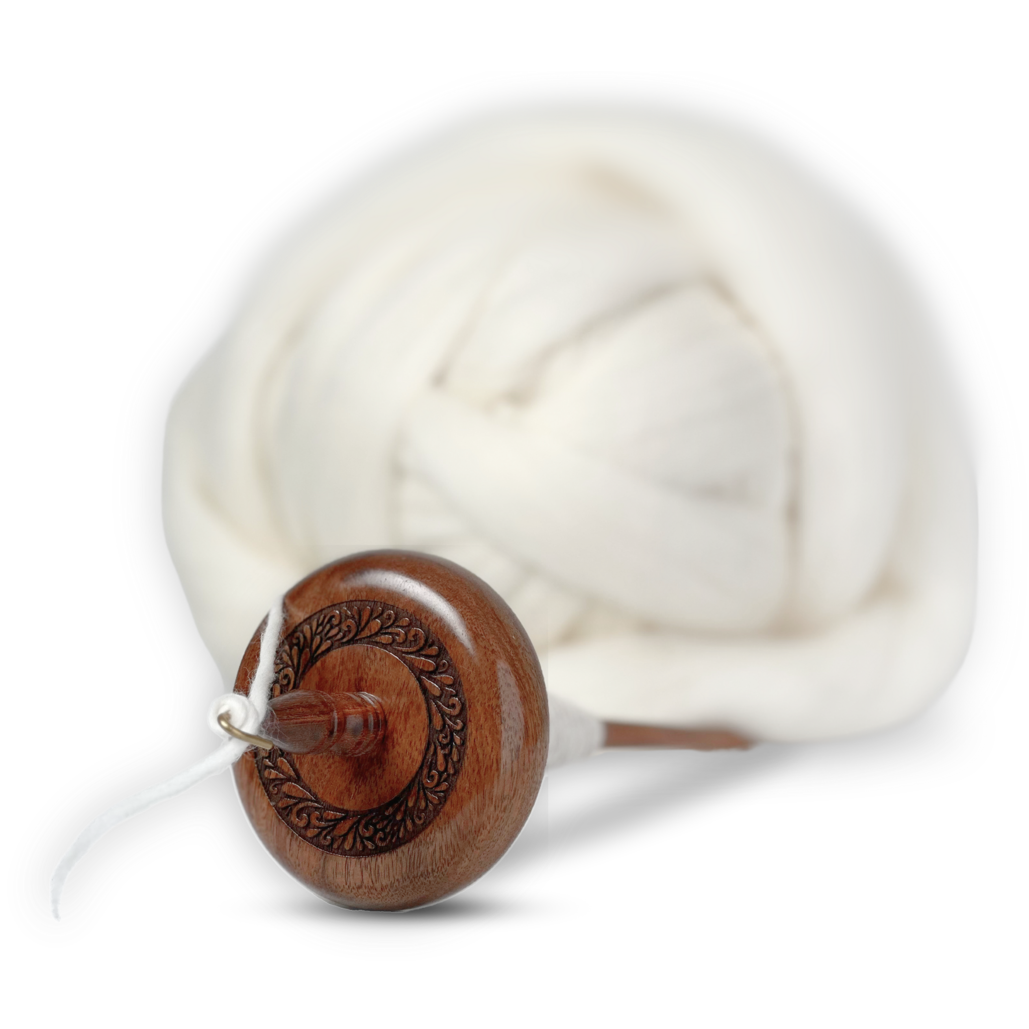 Premium top whorl drop spindle with carved rosewood whorl, paired with soft white wool roving, perfect for beginner and advanced hand-spinners.