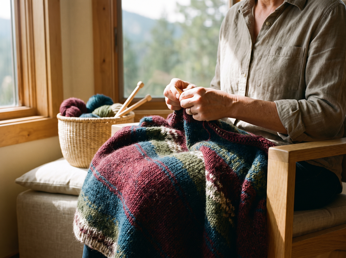 A fiber artist knitting a colorful wool blanket beside a basket of yarn in a sunlit mountain studio.
