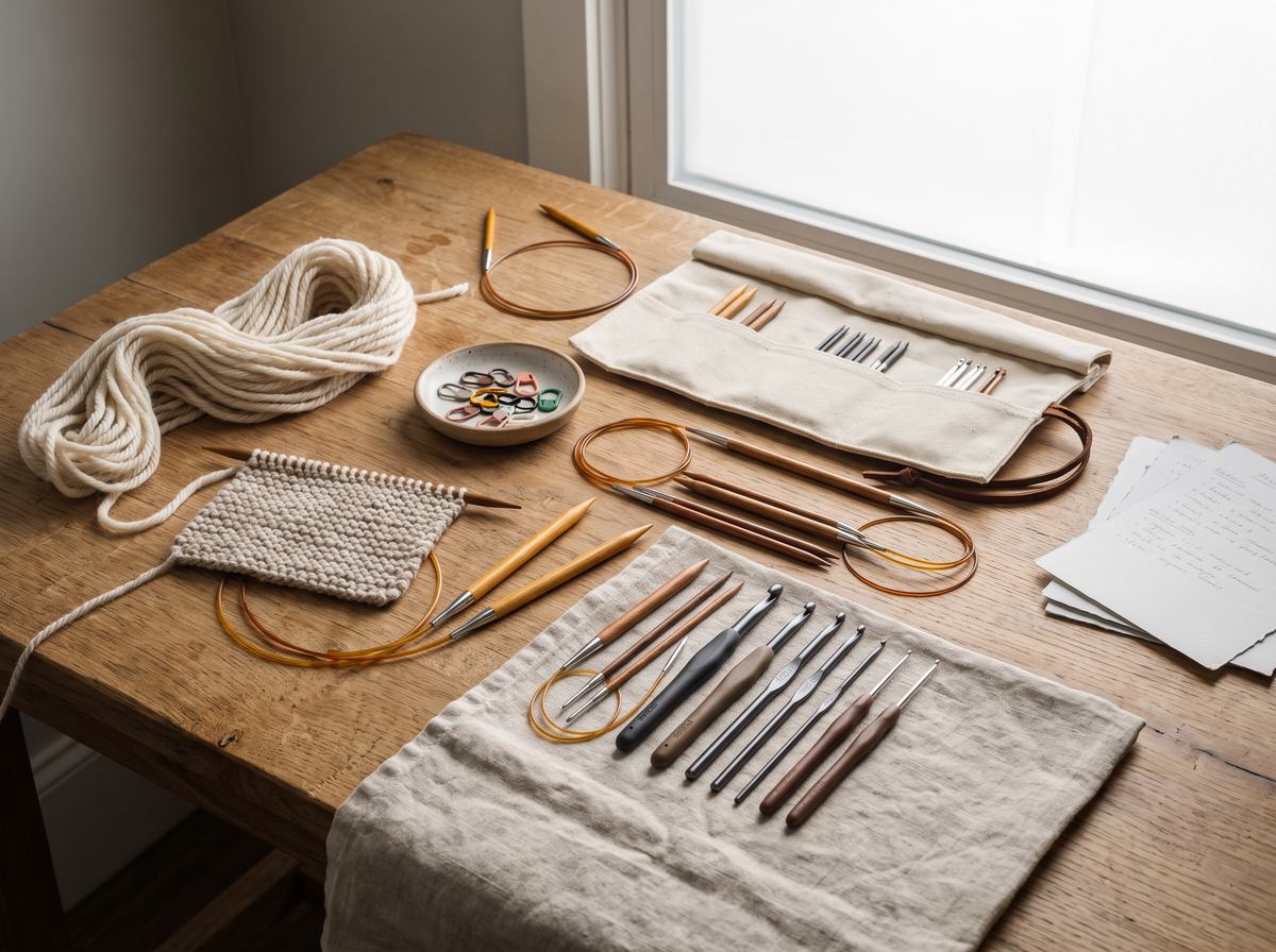 Wooden knitting needles, crochet hooks, circular needles, yarn, and stitch markers arranged on a natural wood table.