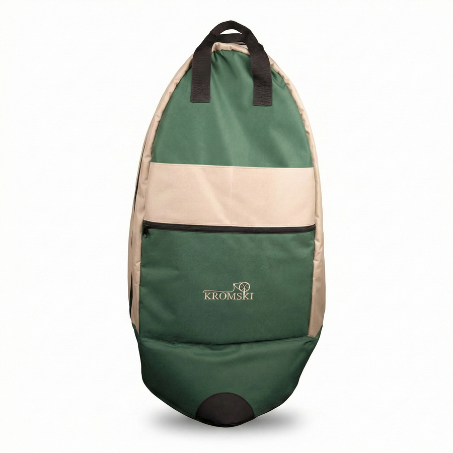 Kromski Minstrel spinning wheel bag on white—green and beige padded rolling case with handles, Revolution Fibers.