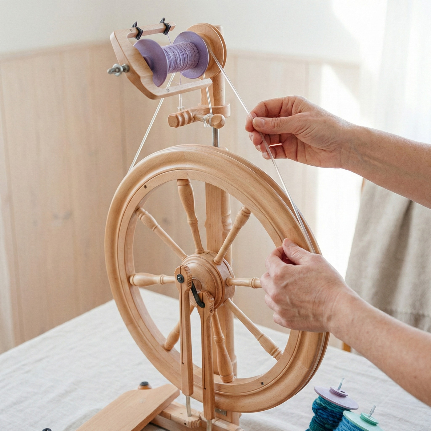 Hands installing a Kromski poly drive band around the drive wheel and flyer whorl on a wooden spinning wheel, Revolution Fibers.