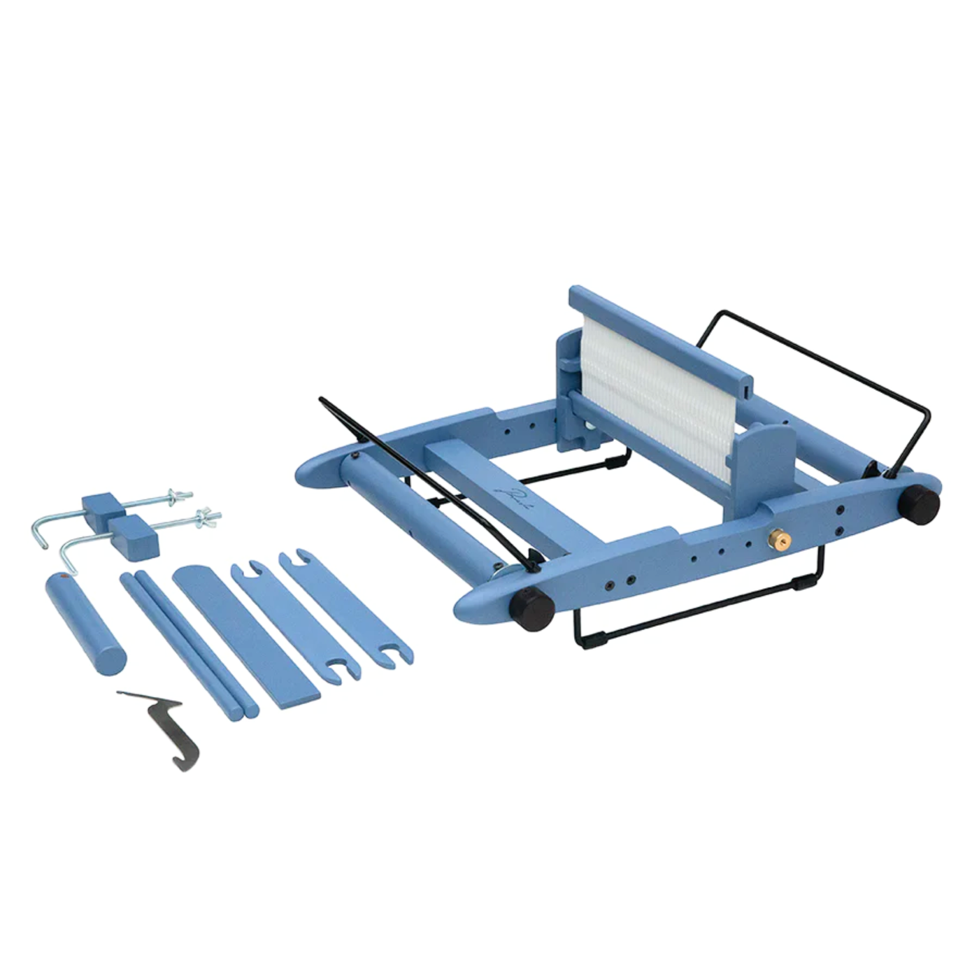 A 10" Kromski Presto Rigid Heddle Loom in the limited edition Harbor Blue colorway, white background, with supplies.