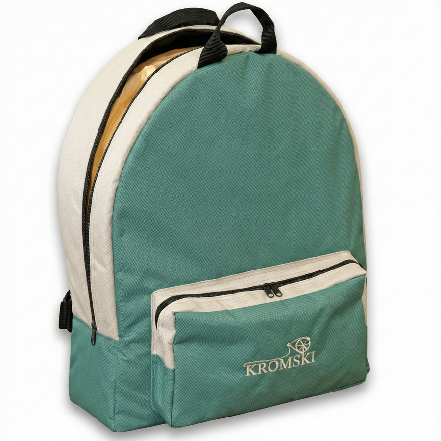 Kromski Sonata spinning wheel bag on a white background, padded carry backpack designed for the folded Sonata or Sonata Encore.