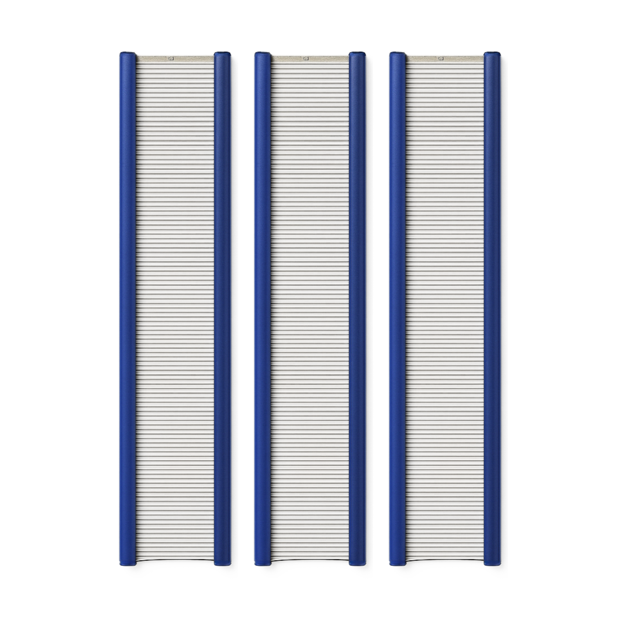 Three Leclerc 3.5‑inch stainless‑steel loom reeds in mid‑size widths (27″–60″), featuring blue anodized rails and evenly spaced stainless dents, shown aligned vertically.