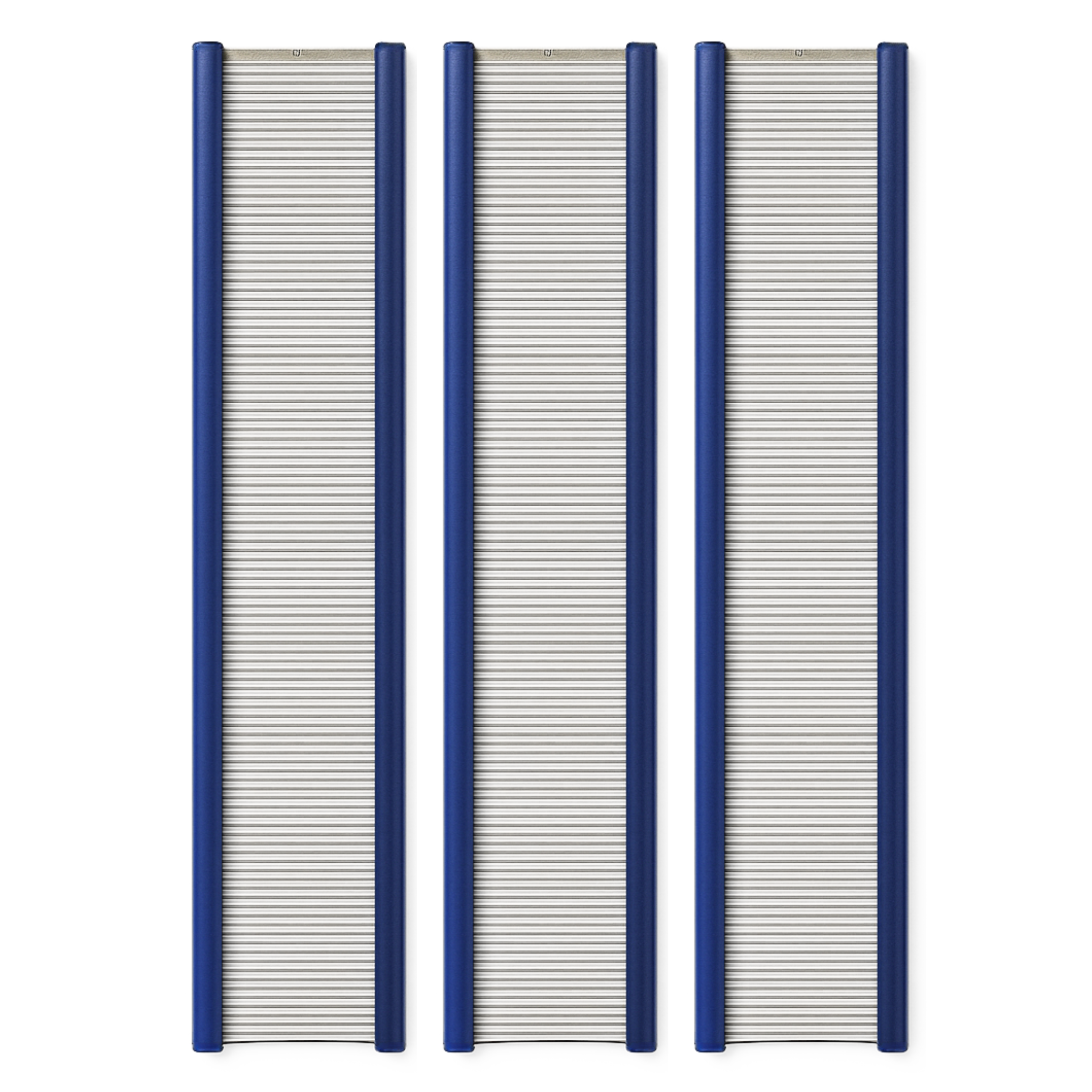Three Leclerc 3.5‑inch stainless‑steel loom reeds in wide‑format widths (72″–120″), with vibrant blue anodized end‑rails and smooth, corrosion‑resistant dents, arranged in parallel.