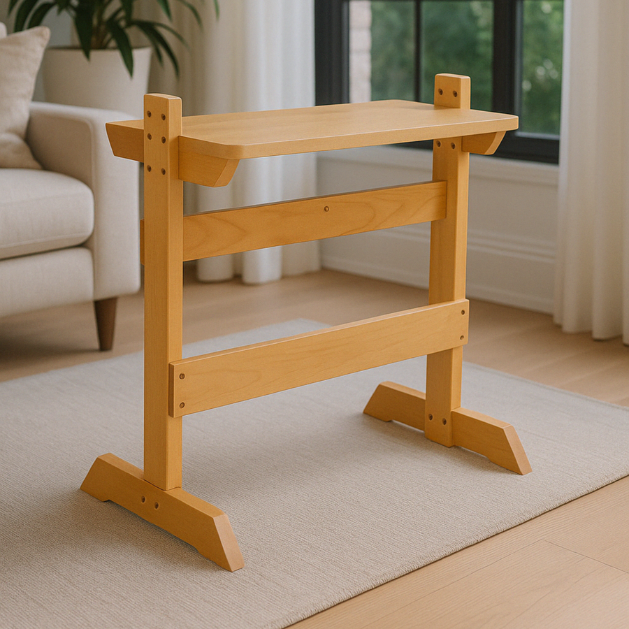Leclerc Adjustable Height Weaving Bench made of Canadian maple, shown in a bright living room with hardwood floors, a rug, and a large window.