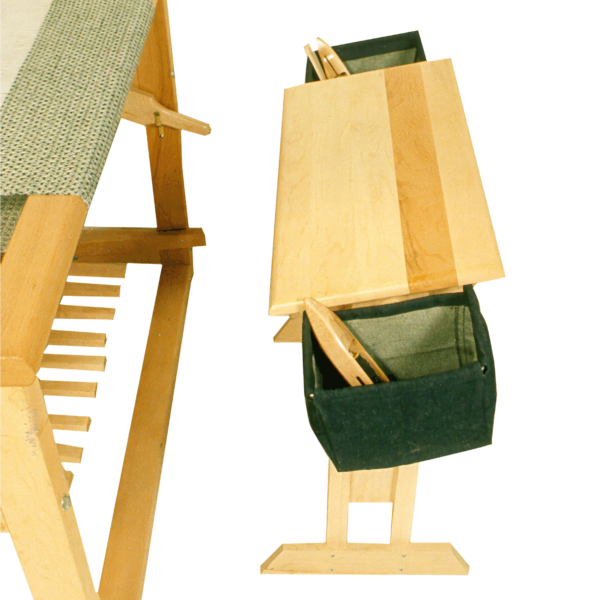 Overhead view of Leclerc Rocking Bench Bags filled with weaving tools, showing spacious interior and side-mounted design for organized storage.