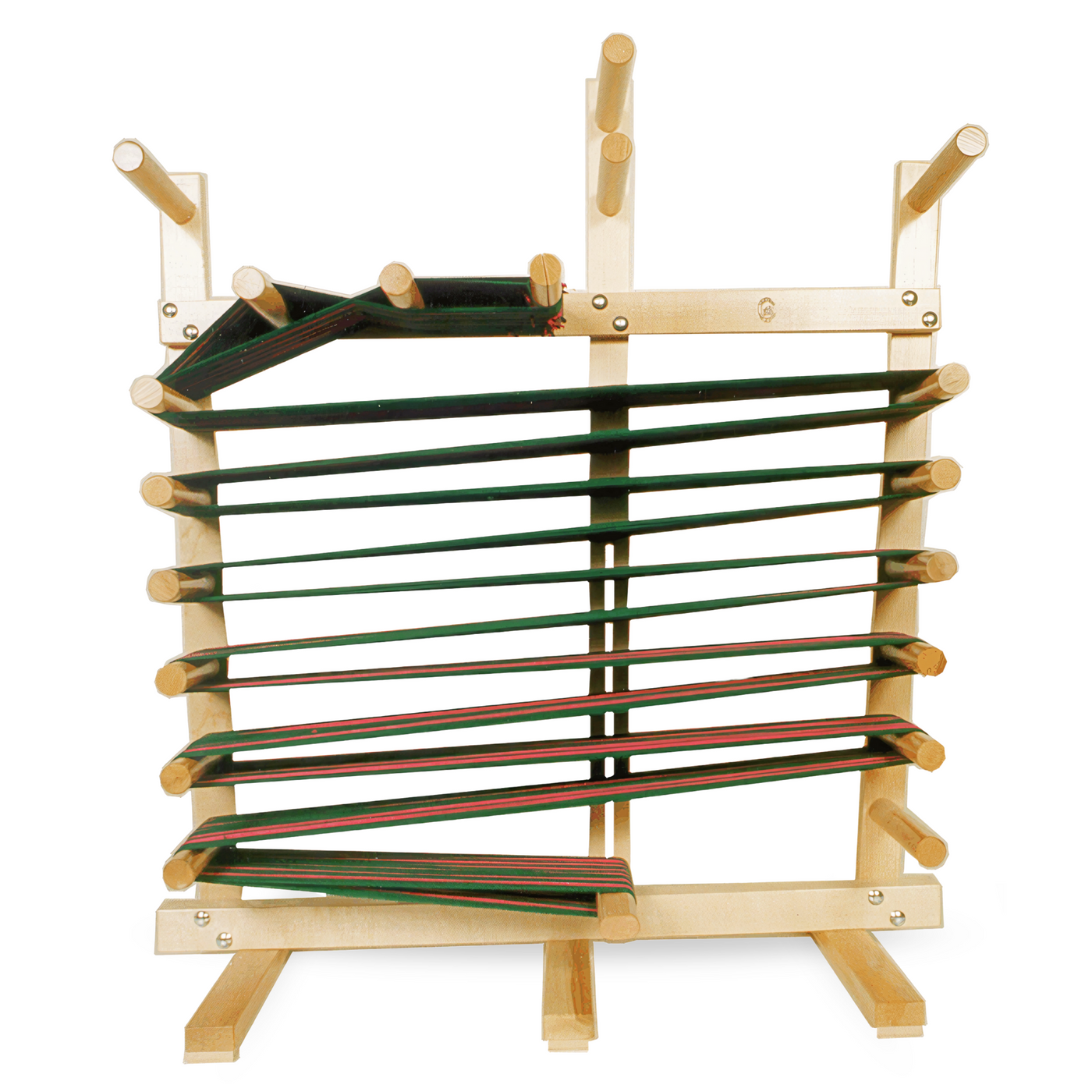 Leclerc Cendrel Inkle Loom Warping Frame with Warp – Wooden inkle loom set up with warp threads, designed for weaving narrow warp-faced bands, belts, and straps. Functions as both an inkle loom and a warping board, offering versatility for weavers of all skill levels.