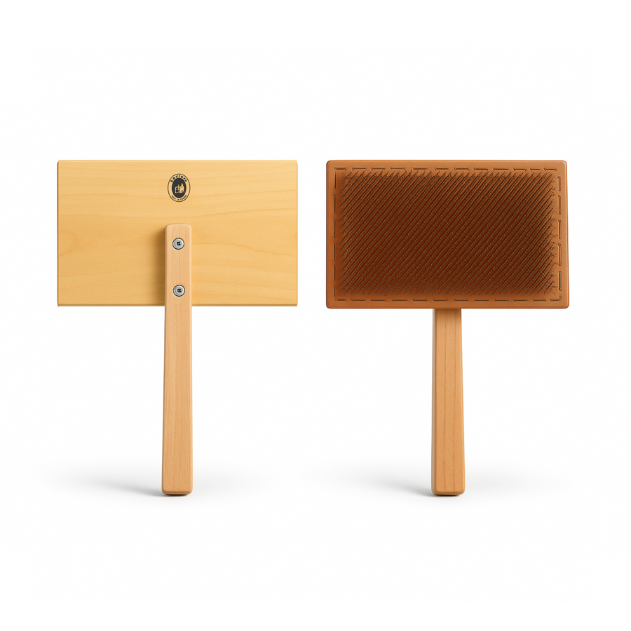 Front and back view of Leclerc Wool course Carders featuring maple wood handles and leather pads with angled steel tines, used for hand carding courser wool