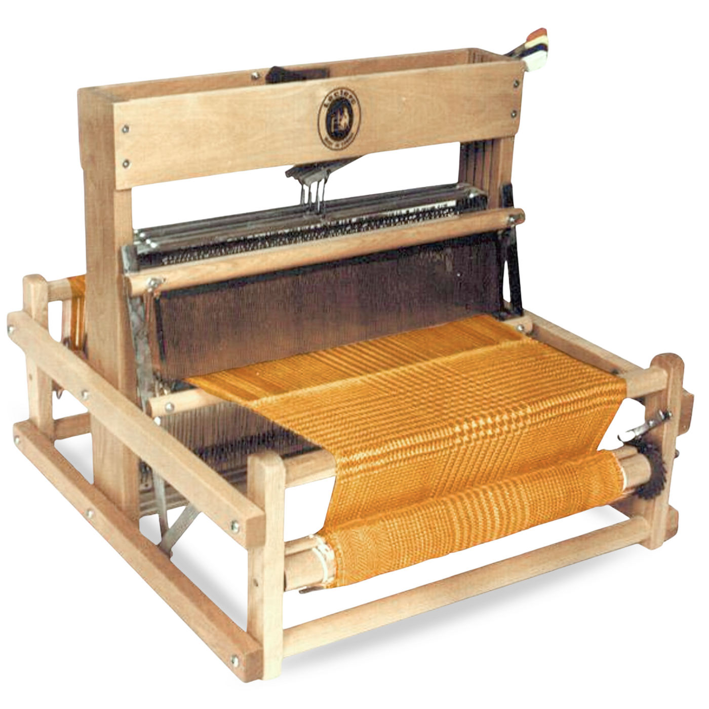 Leclerc Dorothy Table Loom – a compact, foldable weaving loom made from solid maple. Shown with an active warp, this portable 4-shaft table loom is ideal for beginner weavers, workshops, and sampling projects.