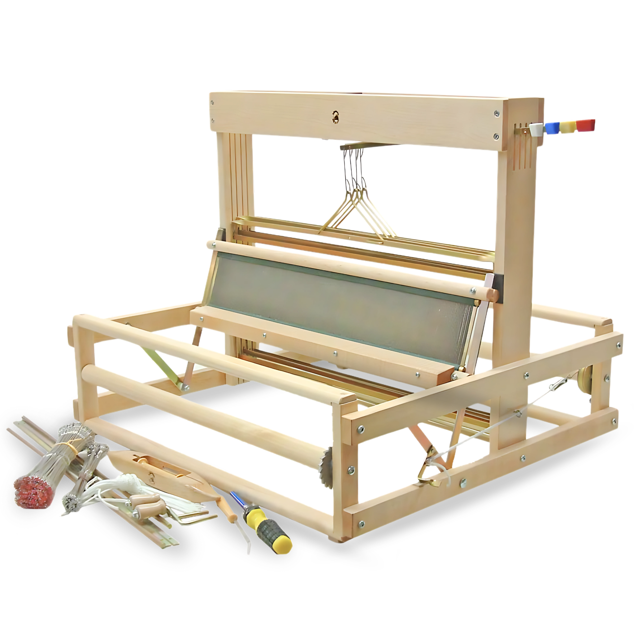 Leclerc Dorothy Table Loom with accessories, including heddles, lease sticks, a stainless steel reed, and assembly tools. A compact, multi-shaft loom made from solid maple, designed for beginner to advanced weavers.