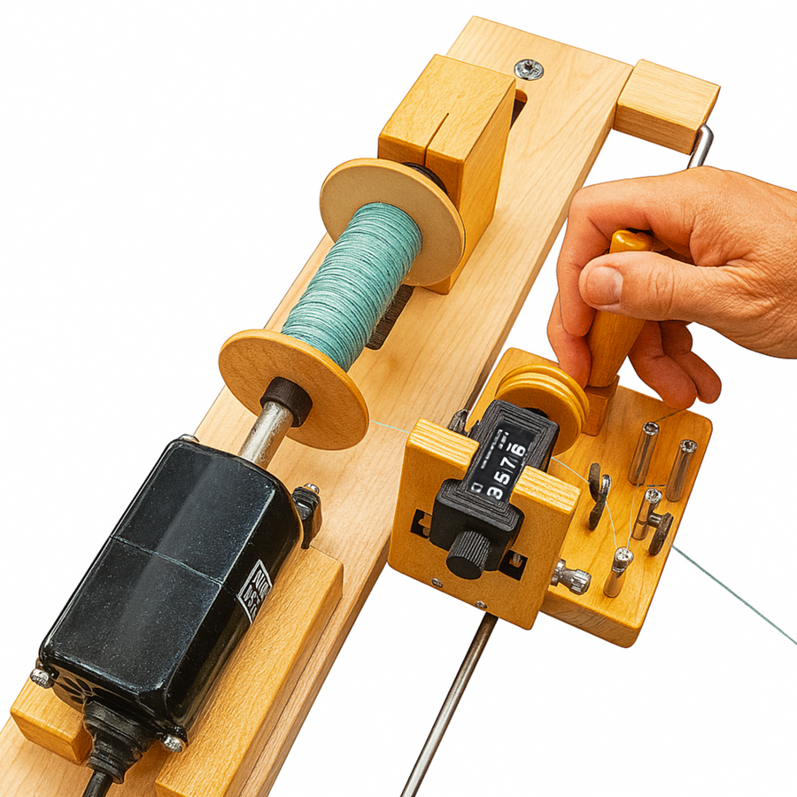 Leclerc Electric Bobbin Winder Complete mounted on maple base, showing motor, tension posts, and four‑digit yardage counter as green yarn winds onto a spool.