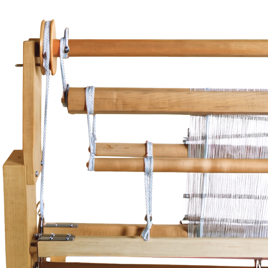 Close-up of the Leclerc Fanny II Counterbalance Floor Loom’s shed regulator system, showcasing the adjustable top rollers and pulley system. Designed for smooth, balanced sheds and even warp tension, this feature enhances weaving precision for fabric, tapestry, and rug projects.