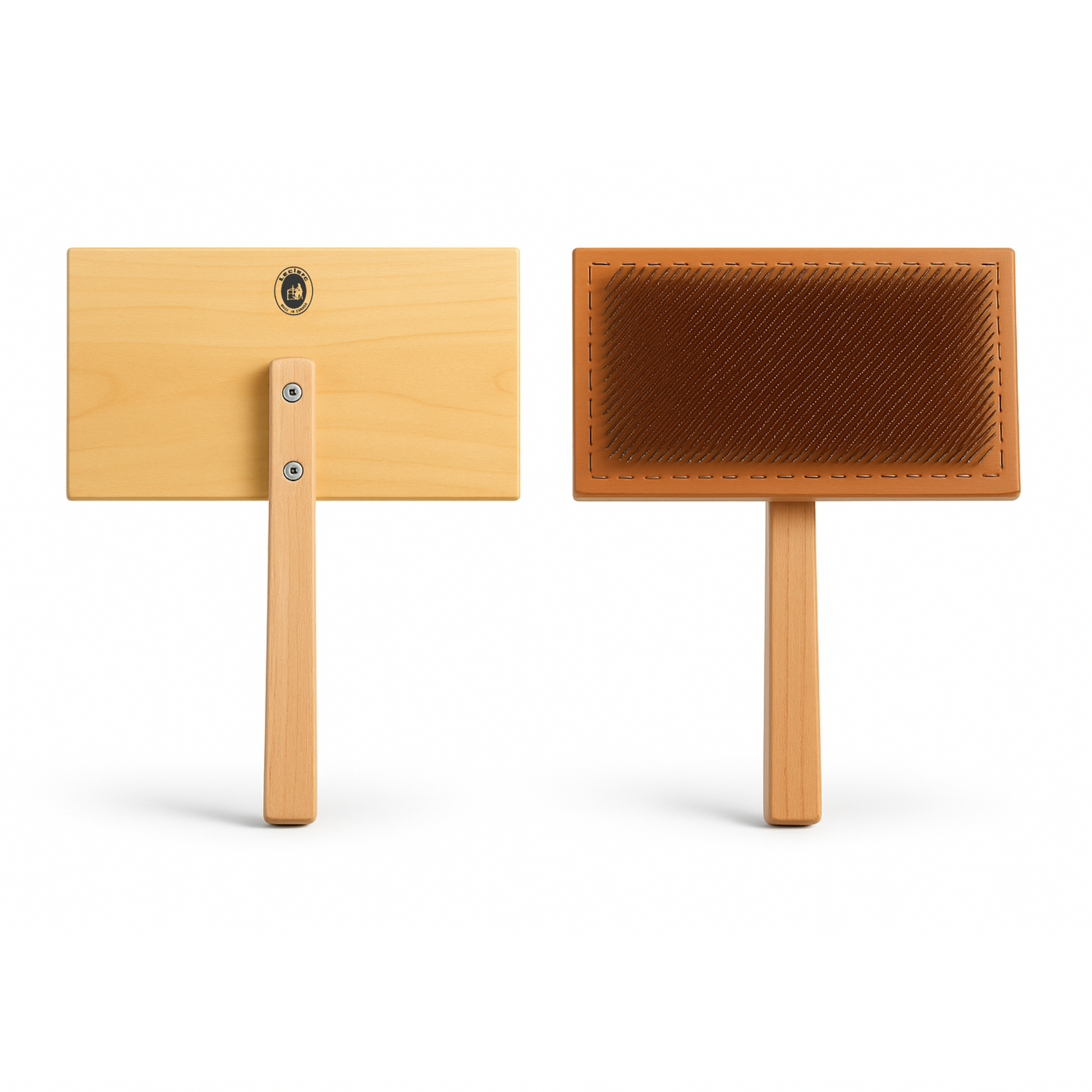 Front and back view of Leclerc Wool fine Carders featuring maple wood handles and leather pads with angled steel tines, used for hand carding wool, cotton, and fine fibe