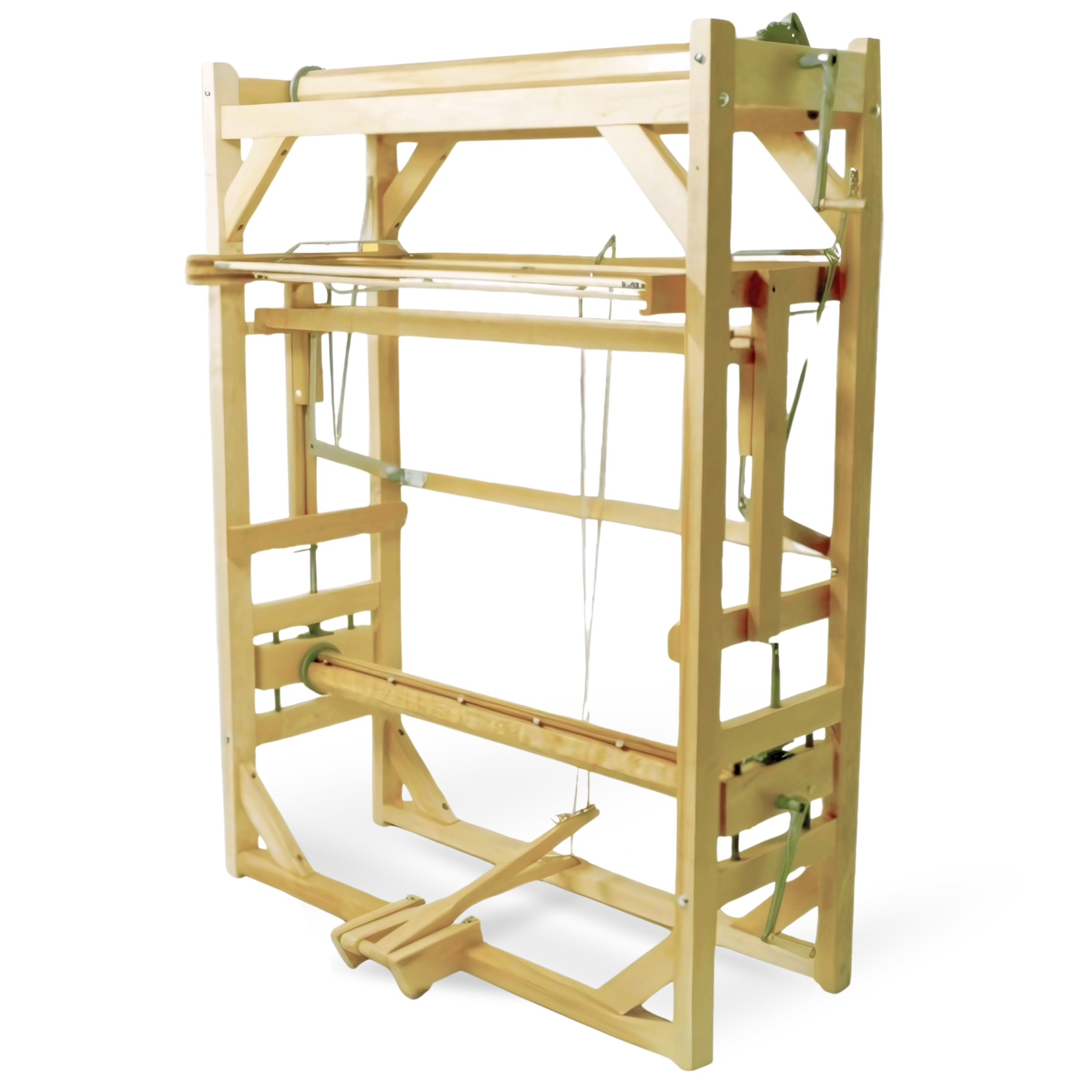 Leclerc Gobelin High-Warp Tapestry Loom – a vertical high-warp loom designed for tapestry weaving, featuring a sturdy maple wood frame with adjustable warp tension and a foot treadle for ease of use.