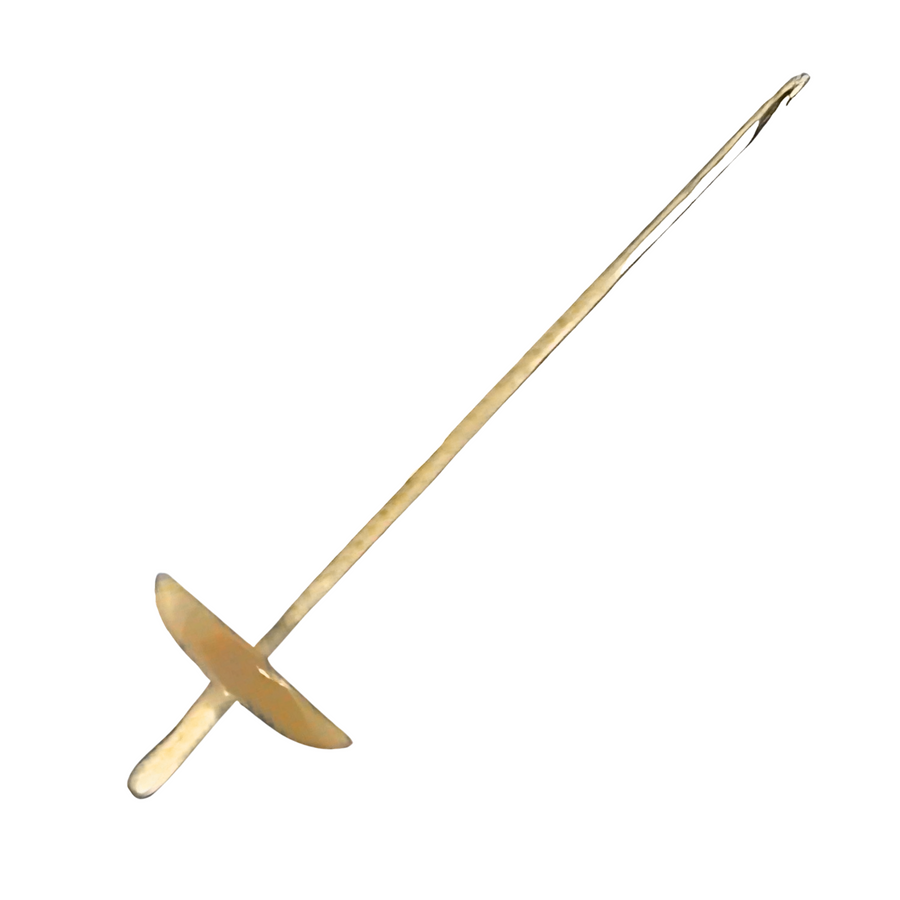 Leclerc low-whorl maple drop spindle—14-inch shaft with 3.5-inch bottom whorl and notched tip, angled view on white background