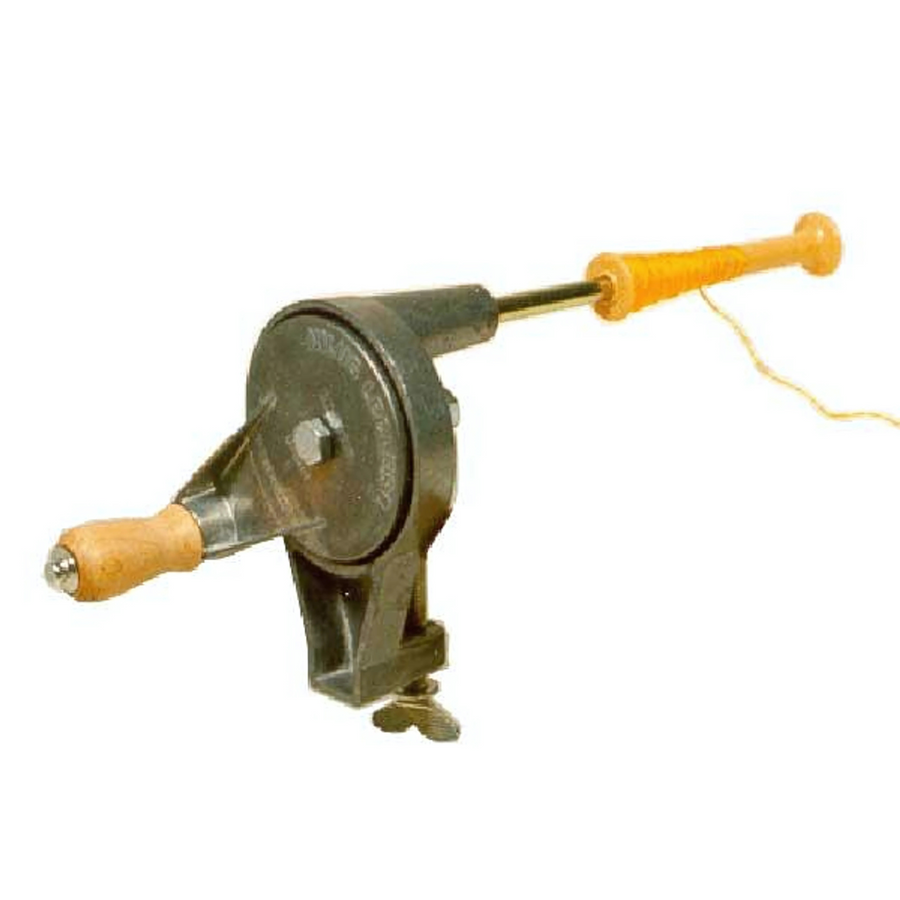 Hand‑cranked Leclerc bobbin winder—grey cast‑metal body with maple wood crank and tapered bobbin shaft,  shown against a white background