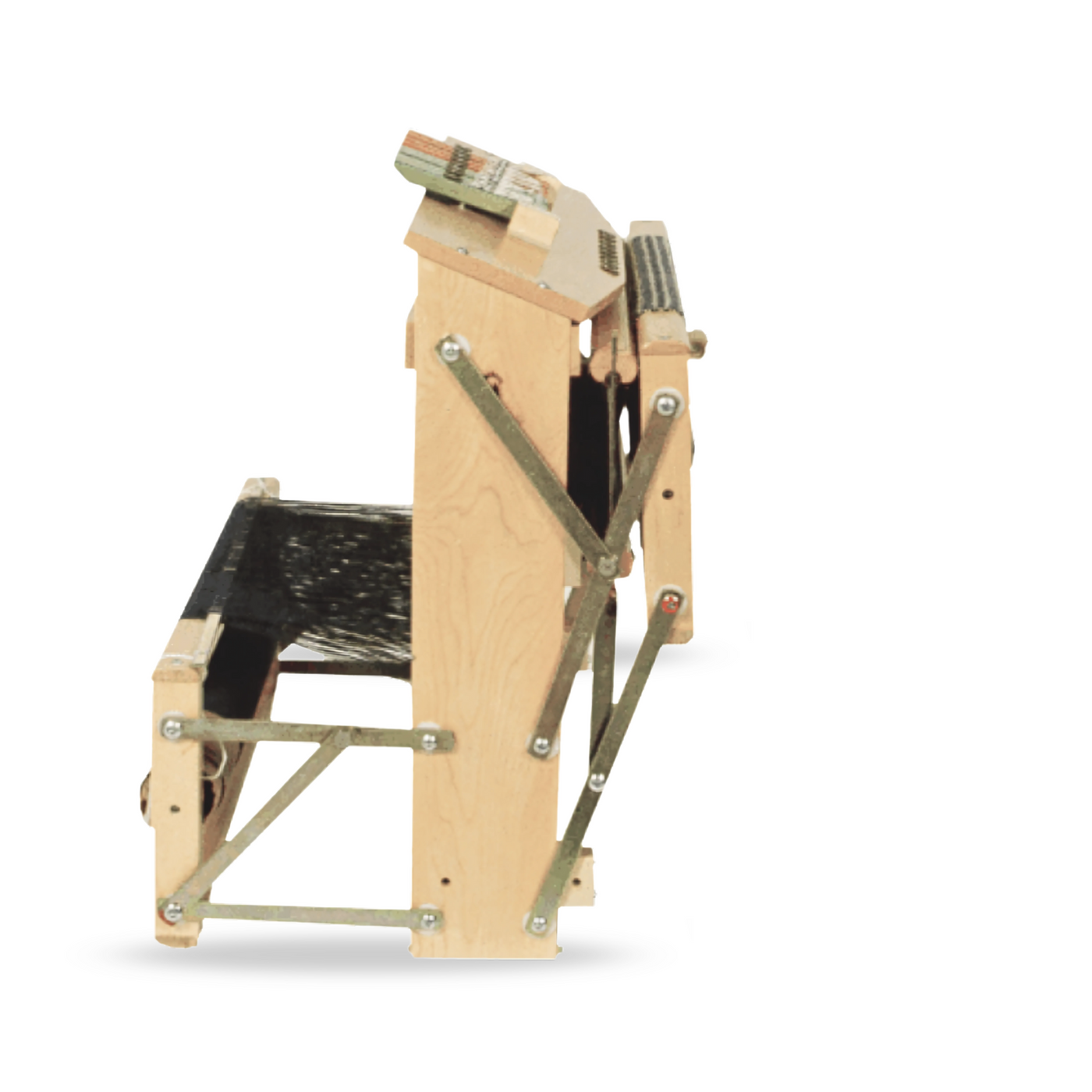 Leclerc Voyageur Table Loom partially folded side view, highlighting its collapsible metal support bars, sturdy maple frame, and compact design. A versatile multi-shaft loom ideal for travel, workshops, and small weaving spaces.