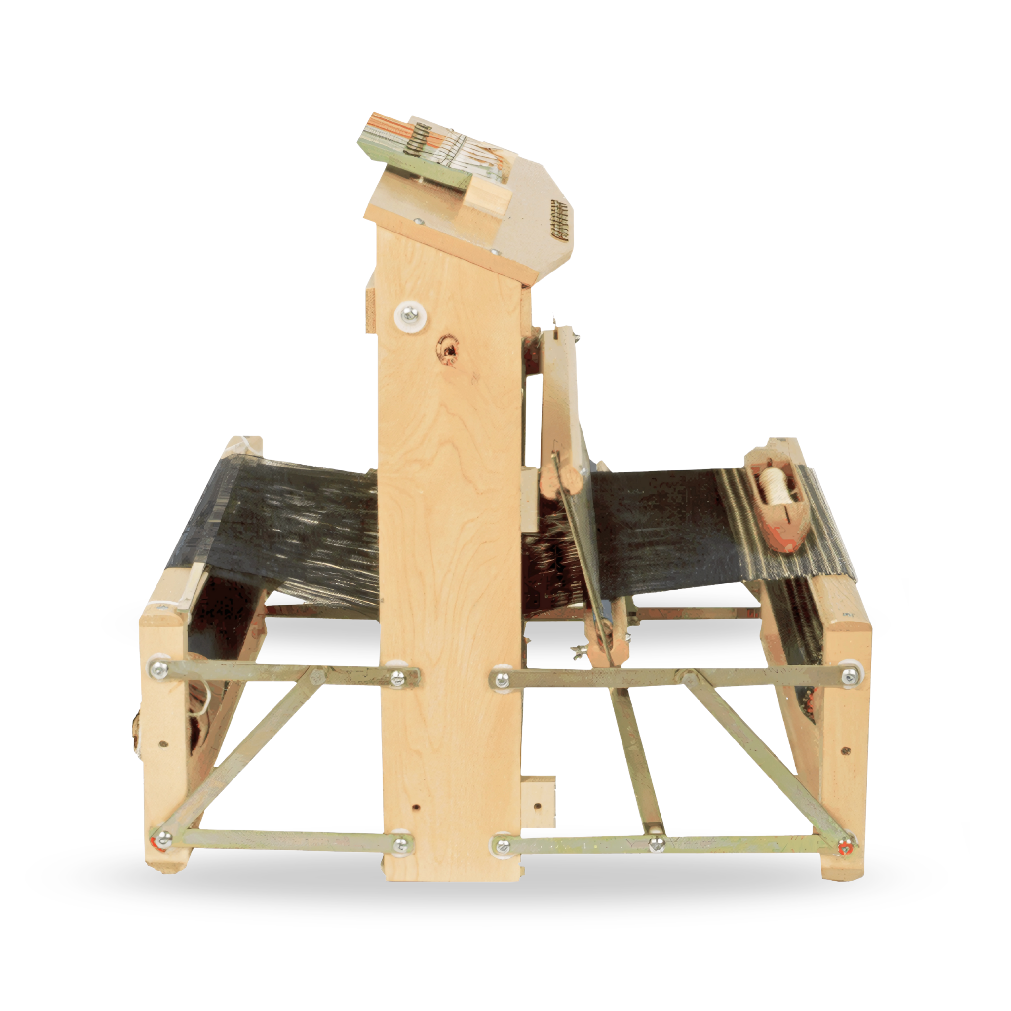 Side view of the Leclerc Voyageur Table Loom, showcasing its sturdy maple frame, multi-shaft system, and foldable metal support bars. Ideal for beginner to advanced weavers looking for a compact and portable weaving loom.