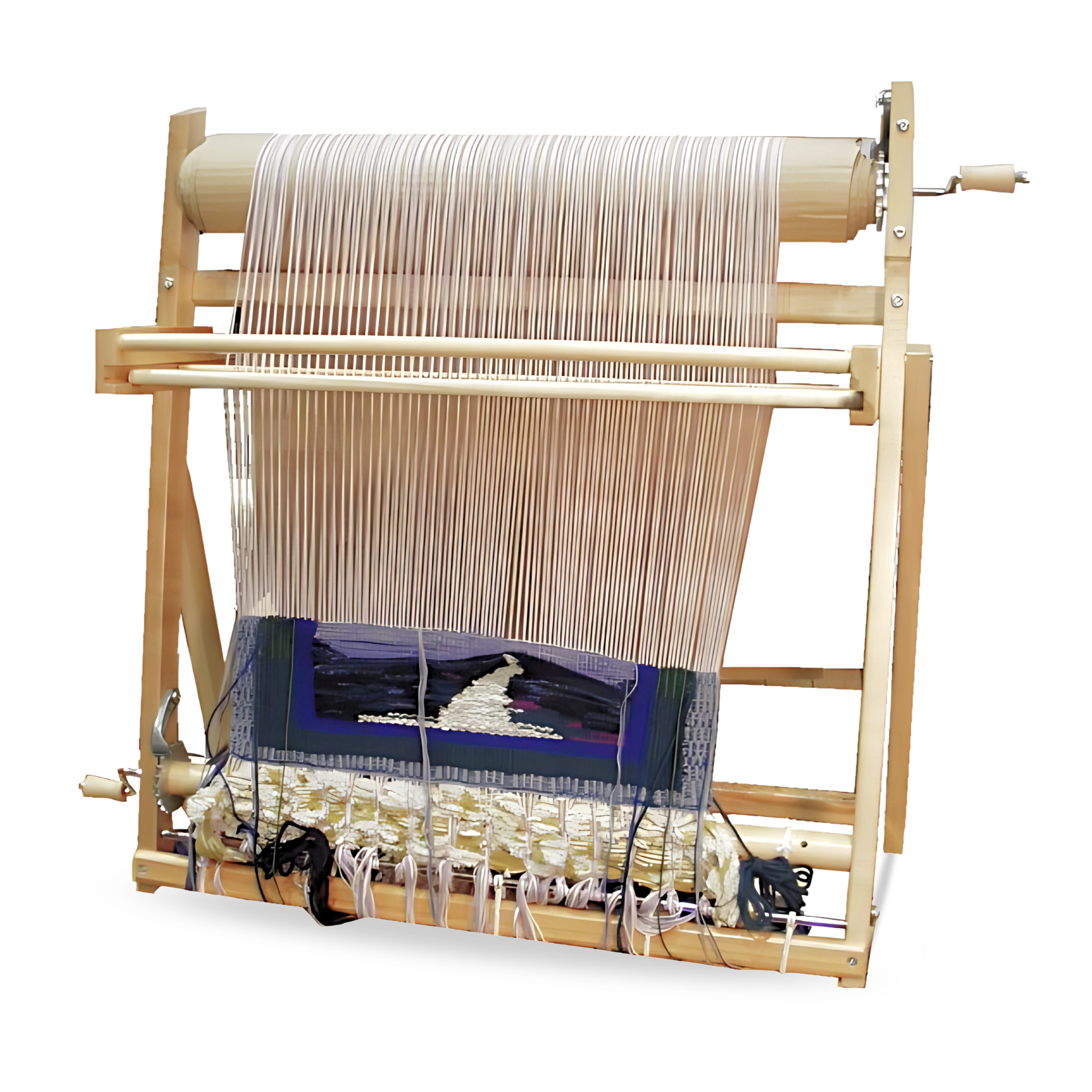 Leclerc Penelope II Tapestry Loom in use – Showcasing an in-progress tapestry weaving project with high warp tension, demonstrating the loom's capability for intricate designs and precision weaving.