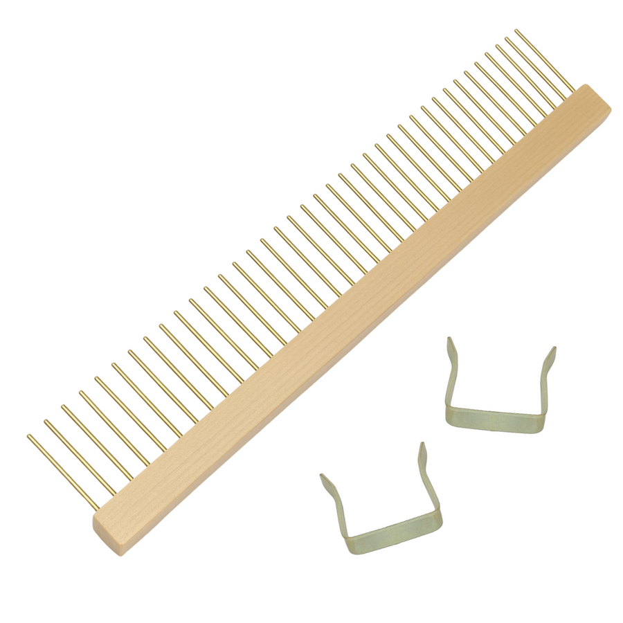 Leclerc raddle with included metal clamps, showing wooden construction and brass pins—perfect for securing warp threads during loom warping.