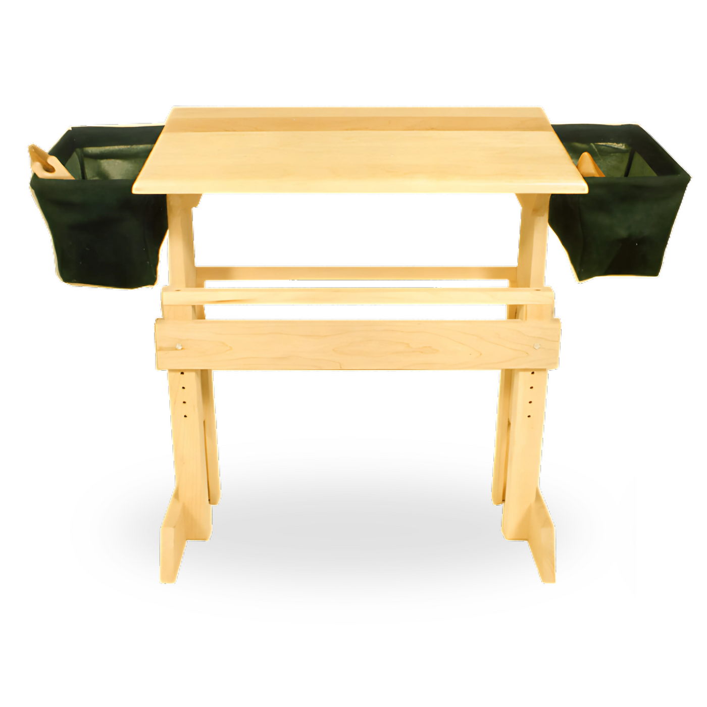 Front view of Leclerc Rocking Bench with two denim storage bags attached to each side, designed to keep weaving tools within reach.