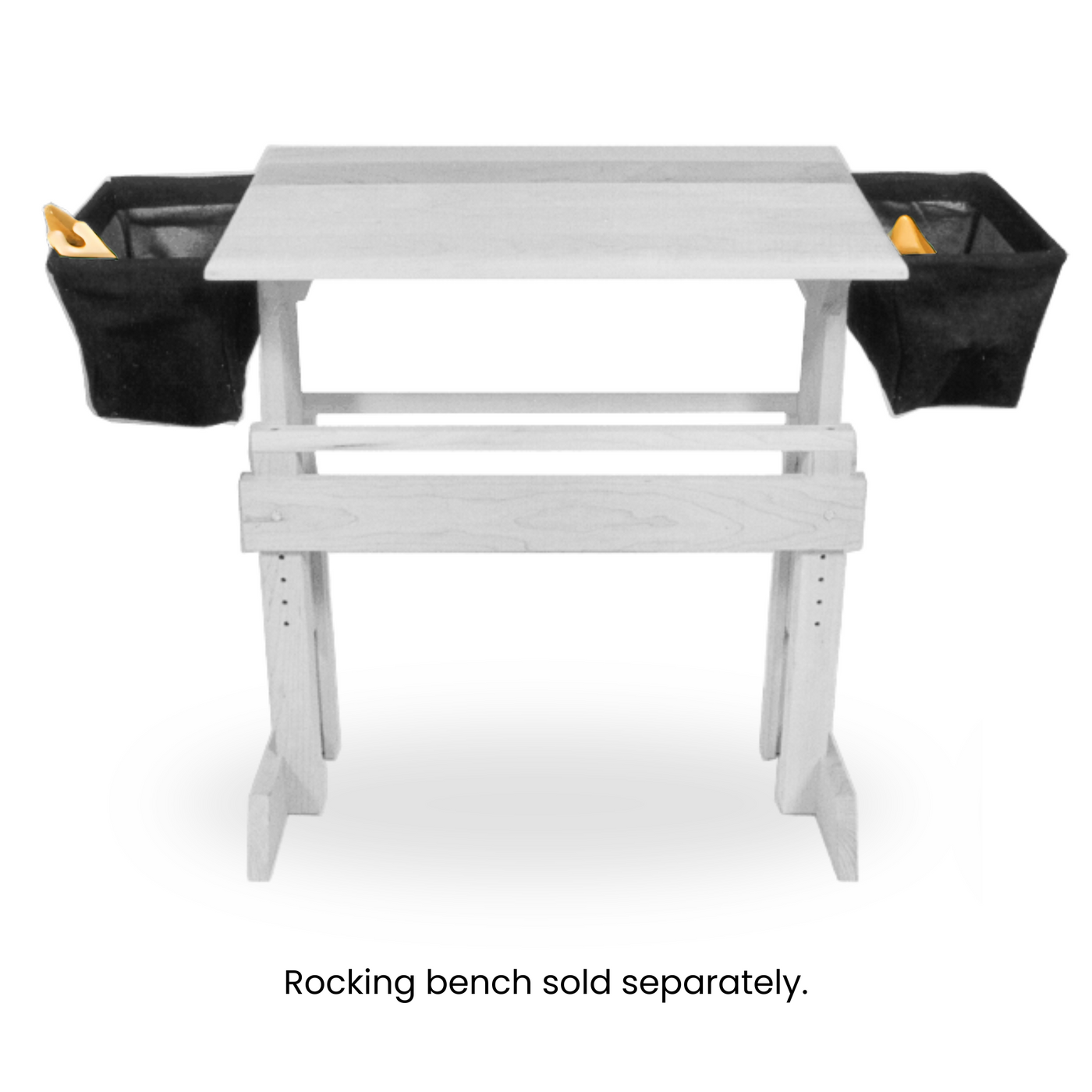 Leclerc Rocking Bench Bags set of 2 shown on bench with caption indicating the bench is sold separately; ideal for tool storage during weaving.