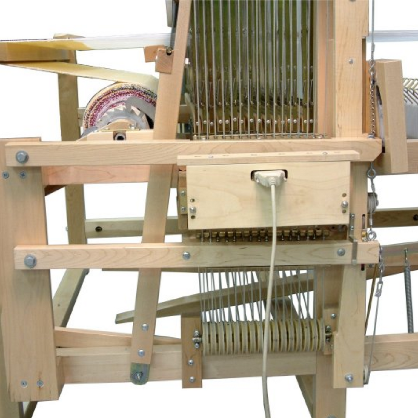 Close-up of Leclerc Weavebird Computer-Dobby Floor Loom – Dobby Mechanism, Electronic Controls, and Shaft Lifting System for Precision Weaving