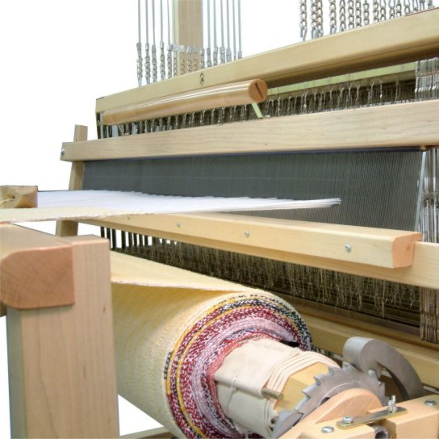 Close-up of Leclerc Weavebird Floor Loom’s Beater, Reed, and Cloth Beam – High-Tension Weaving System for Professional Textile Production