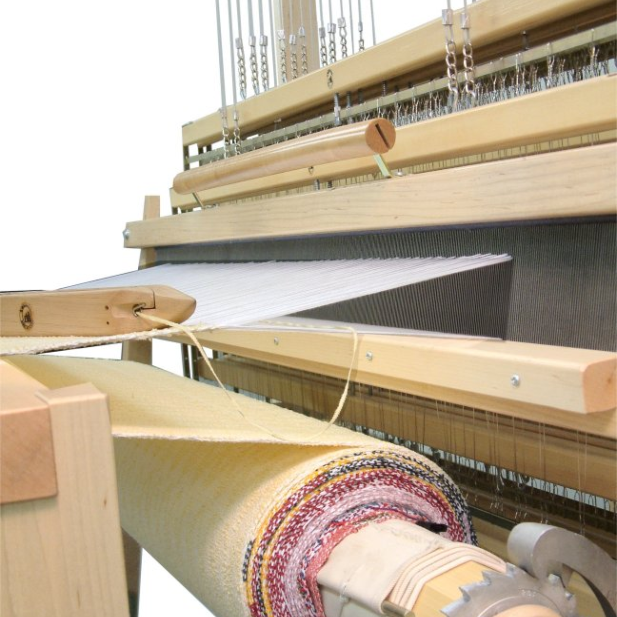 Leclerc Weavebird Floor Loom - Close-up of Beater, Reed, Shed, and Cloth Beam for High-Precision Weaving