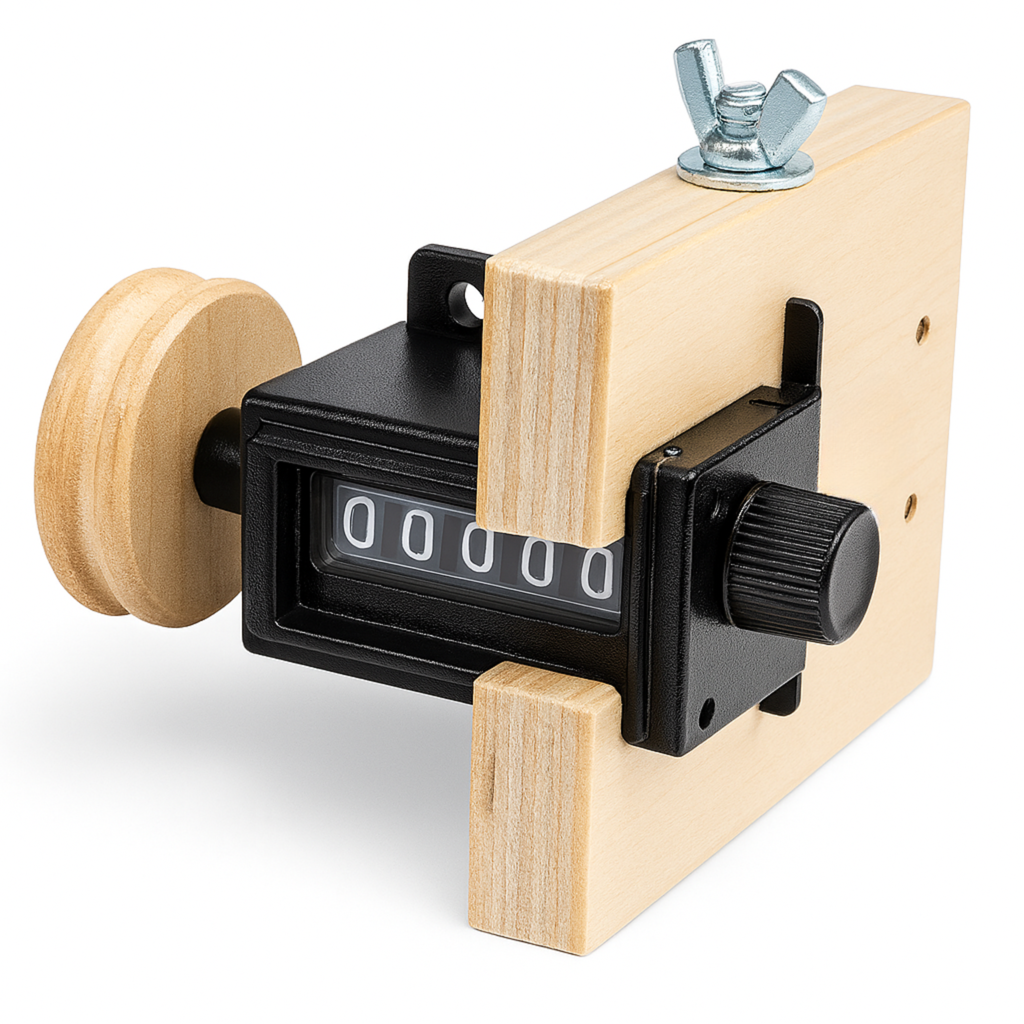 Close-up of the Leclerc Yardage Counter—black register and maple support bracket with zeroed display, ready for precise yarn measurement during sectional warping.