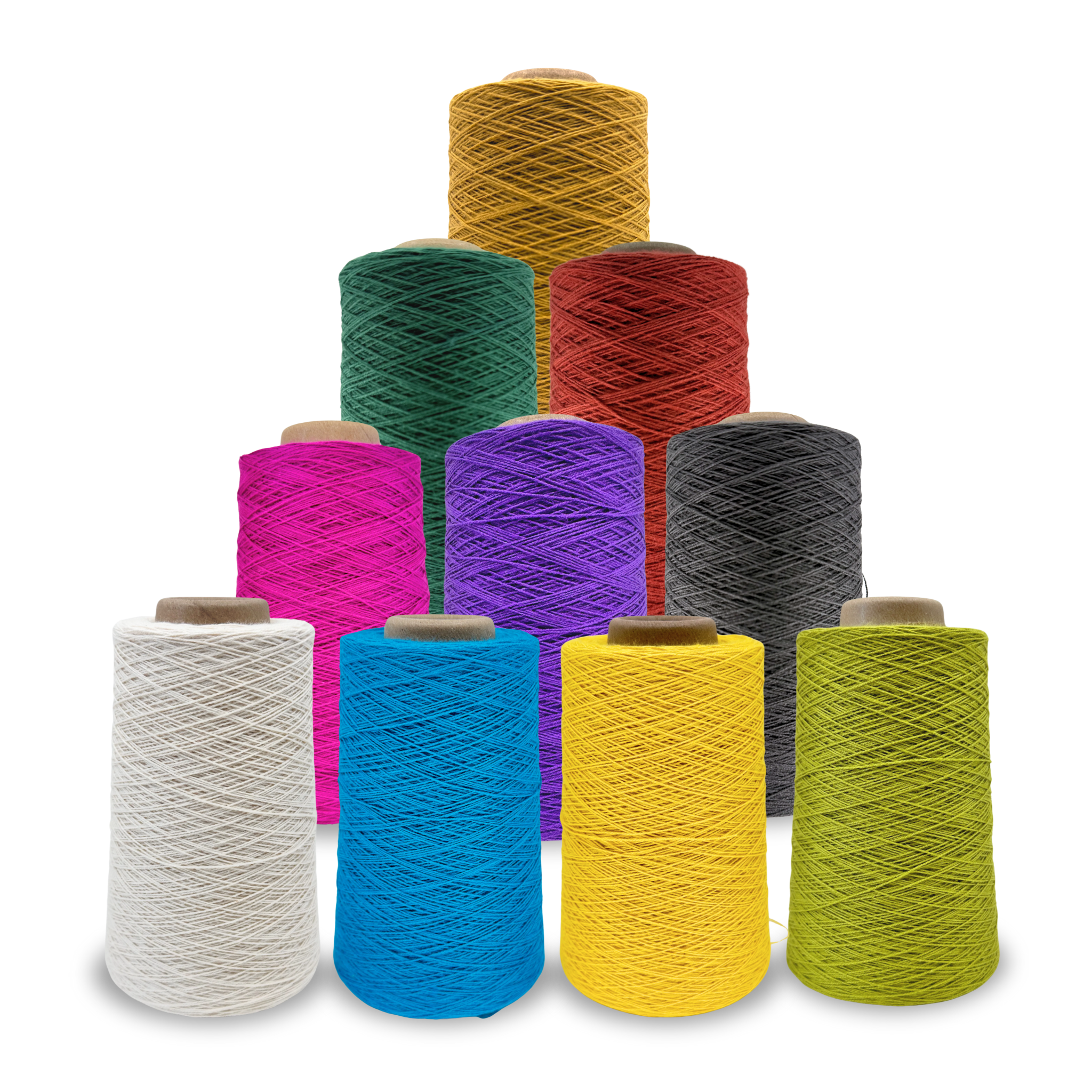 Ten vibrant cones of Lofty 8/4 Cotton Yarn in assorted colors including Natural, turquoise, lemon yellow, key lime, charcoal, amethyst, magenta, fir green, cayenne, and gold, stacked in a pyramid arrangement on a transparent background.
