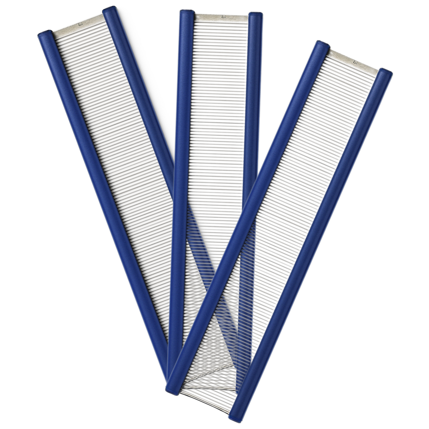 3 lojan stainless steel loom reeds with evenly spaced dents per inch and smooth blue rails.