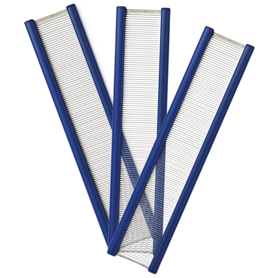 3 lojan stainless steel loom reeds with evenly spaced dents per inch and smooth blue rails.
